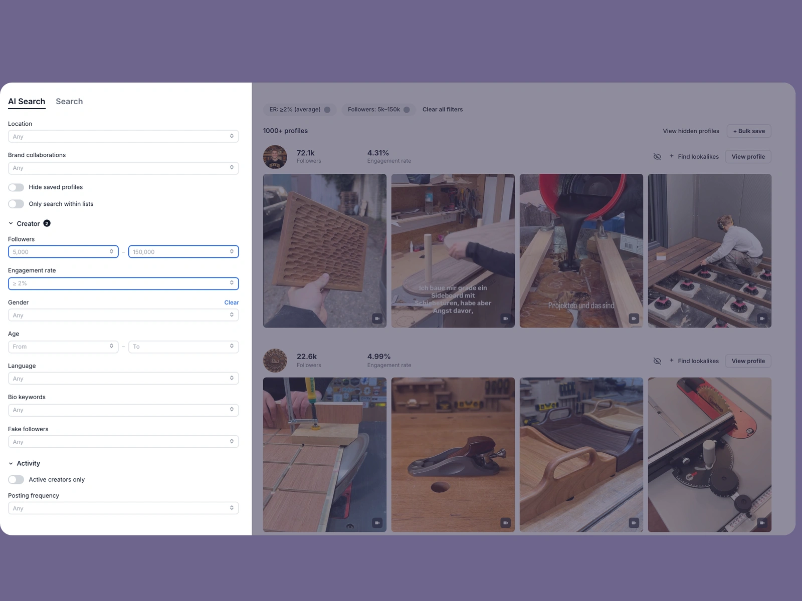 Modash filters narrowing woodworking creators