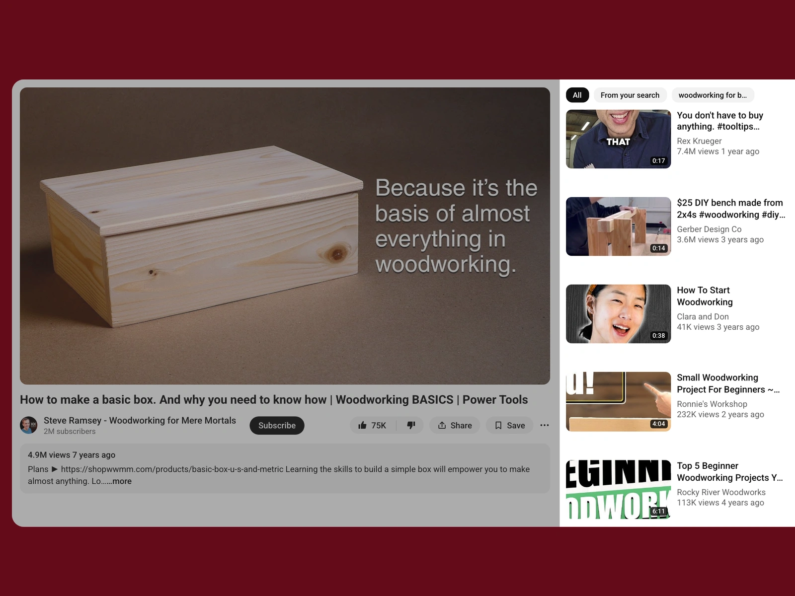 YouTube recommended videos beside a woodworking video