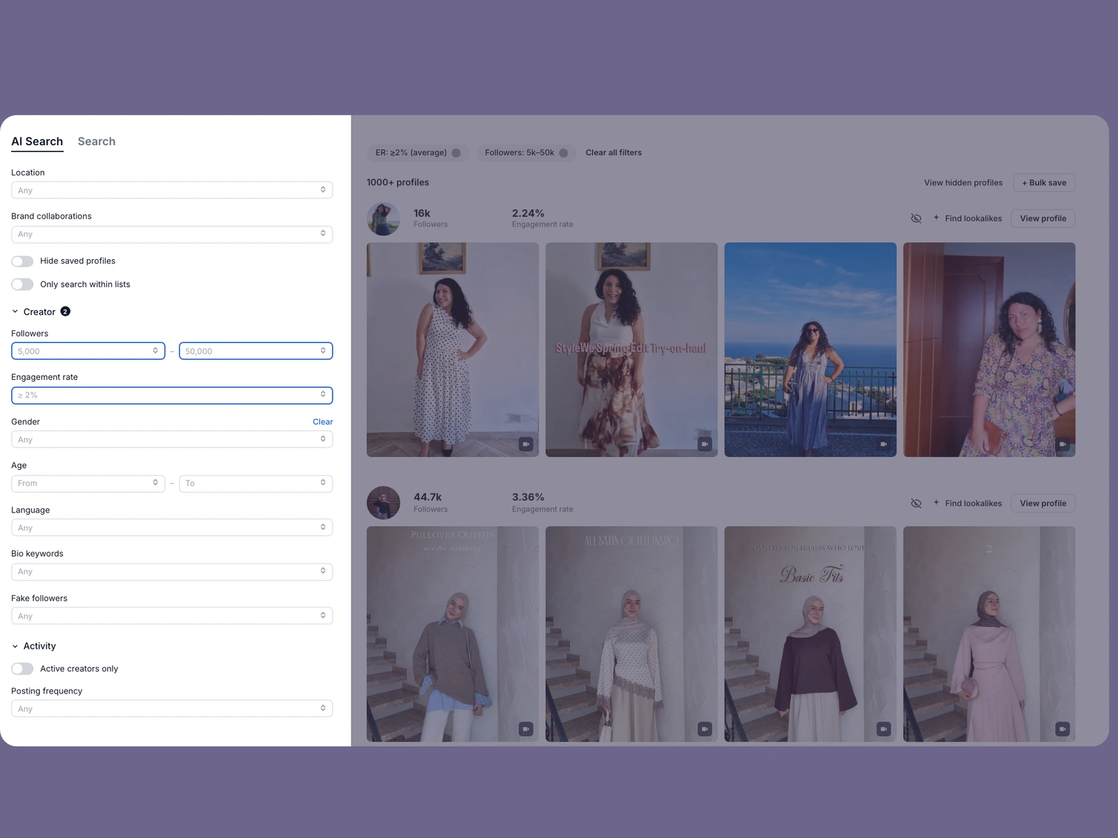 Modash filters narrowing modest fashion creators