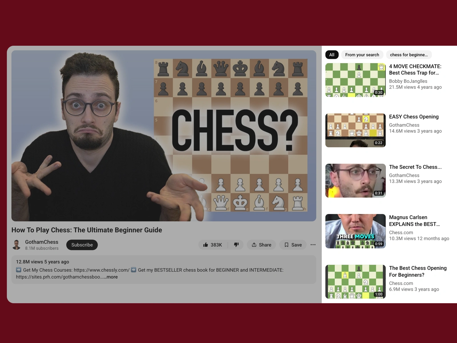 YouTube recommended videos beside a chess video