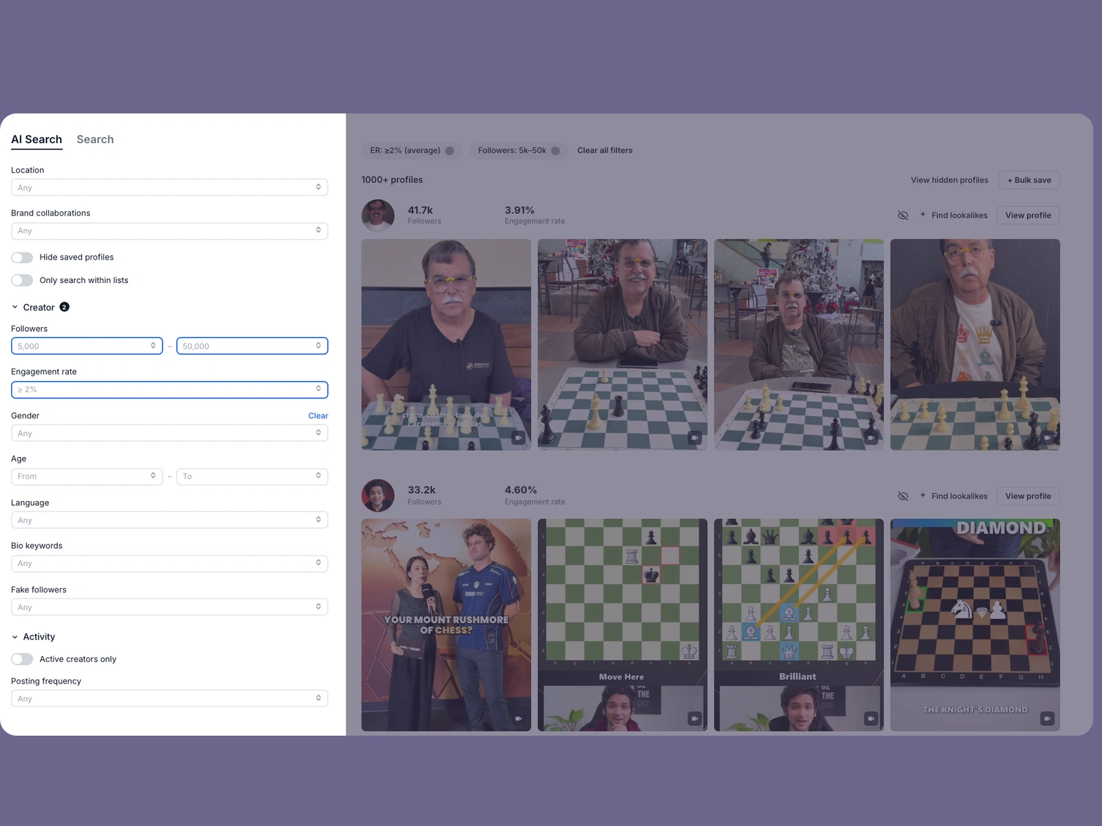 Modash filters narrowing chess creators