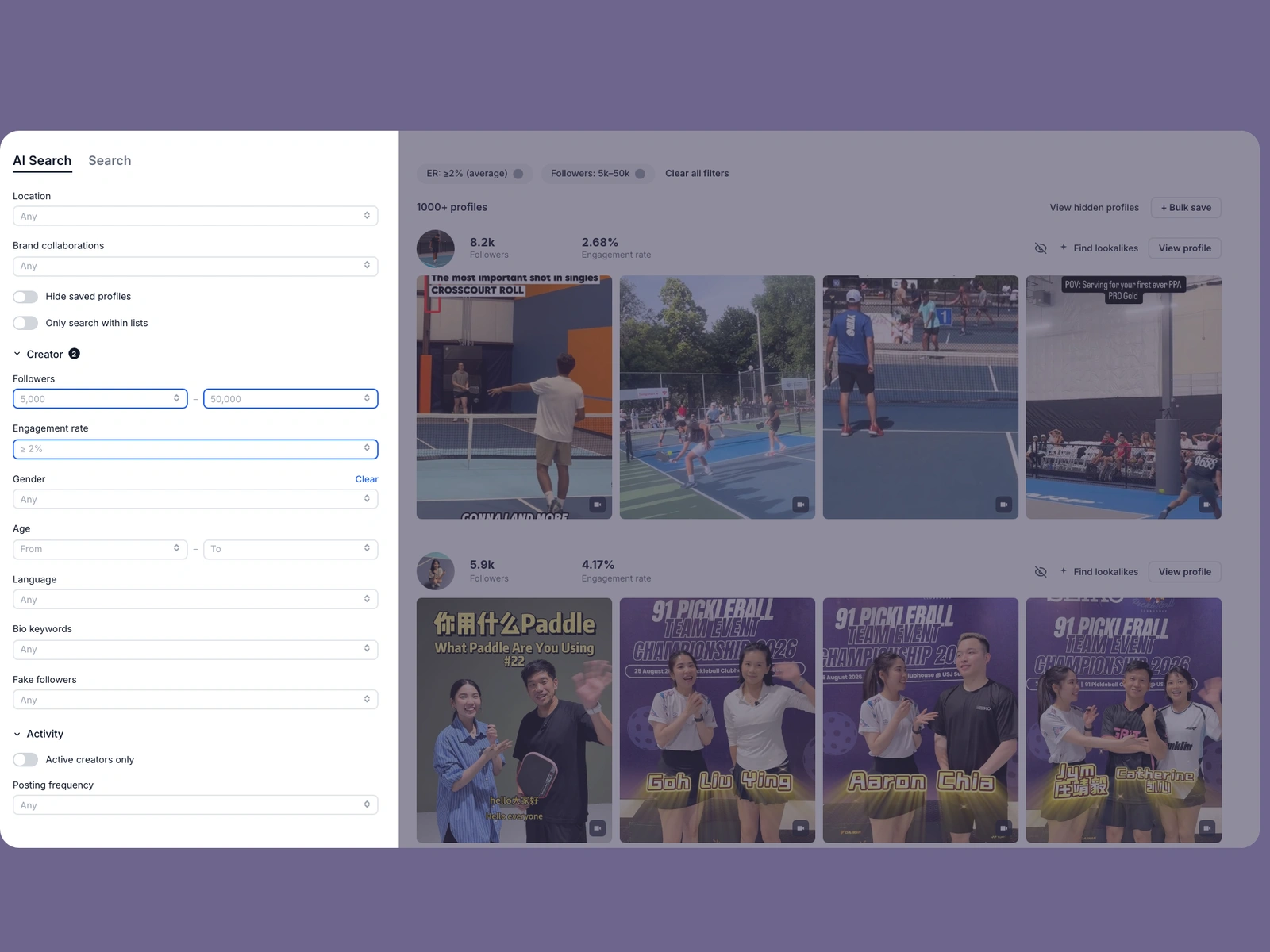 Modash filters narrowing pickleball creators