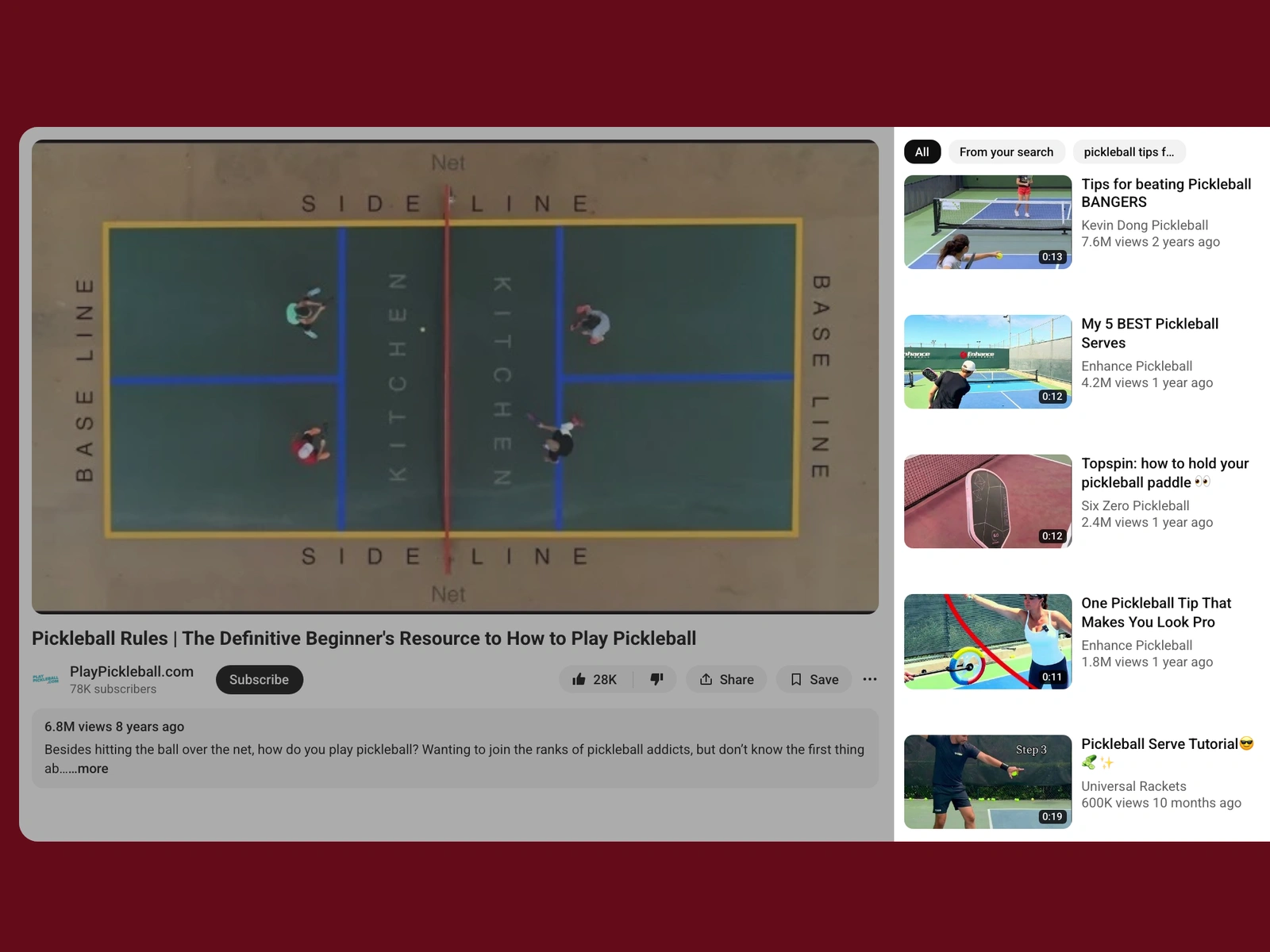 YouTube recommended videos beside a pickleball video