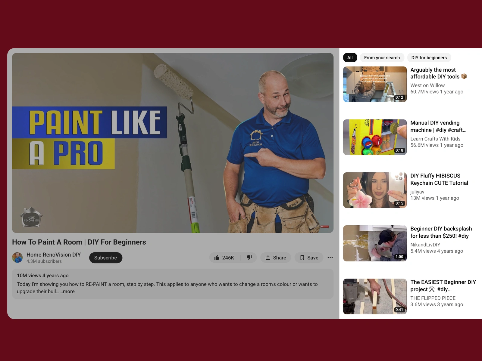 YouTube recommended videos beside a diy video