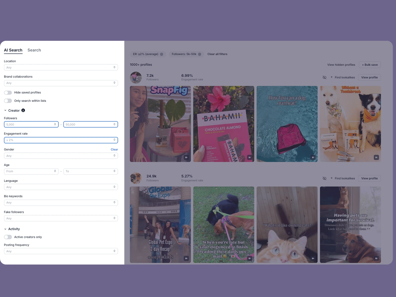 Modash filters narrowing pet creators