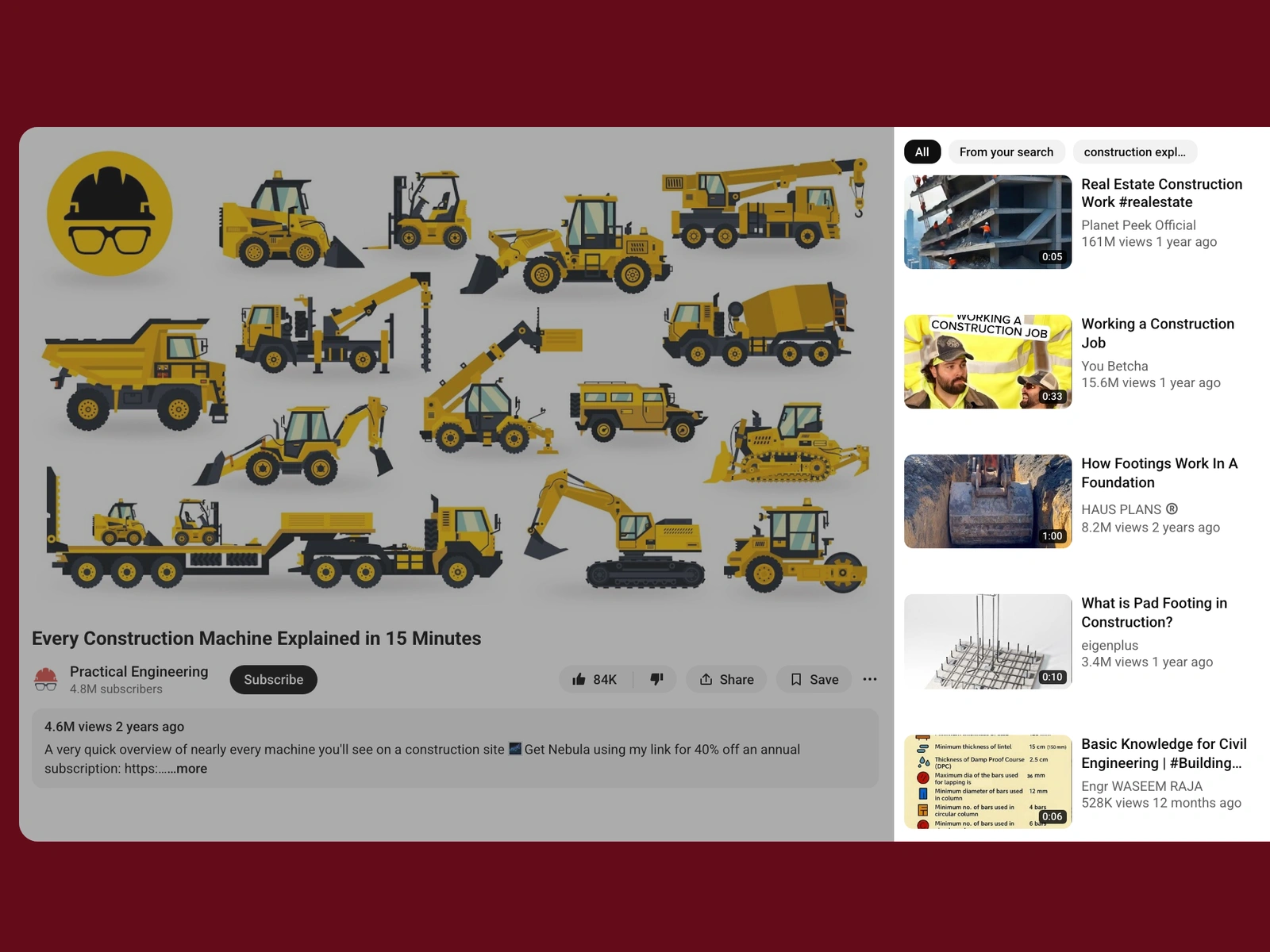 YouTube recommended videos beside a construction video