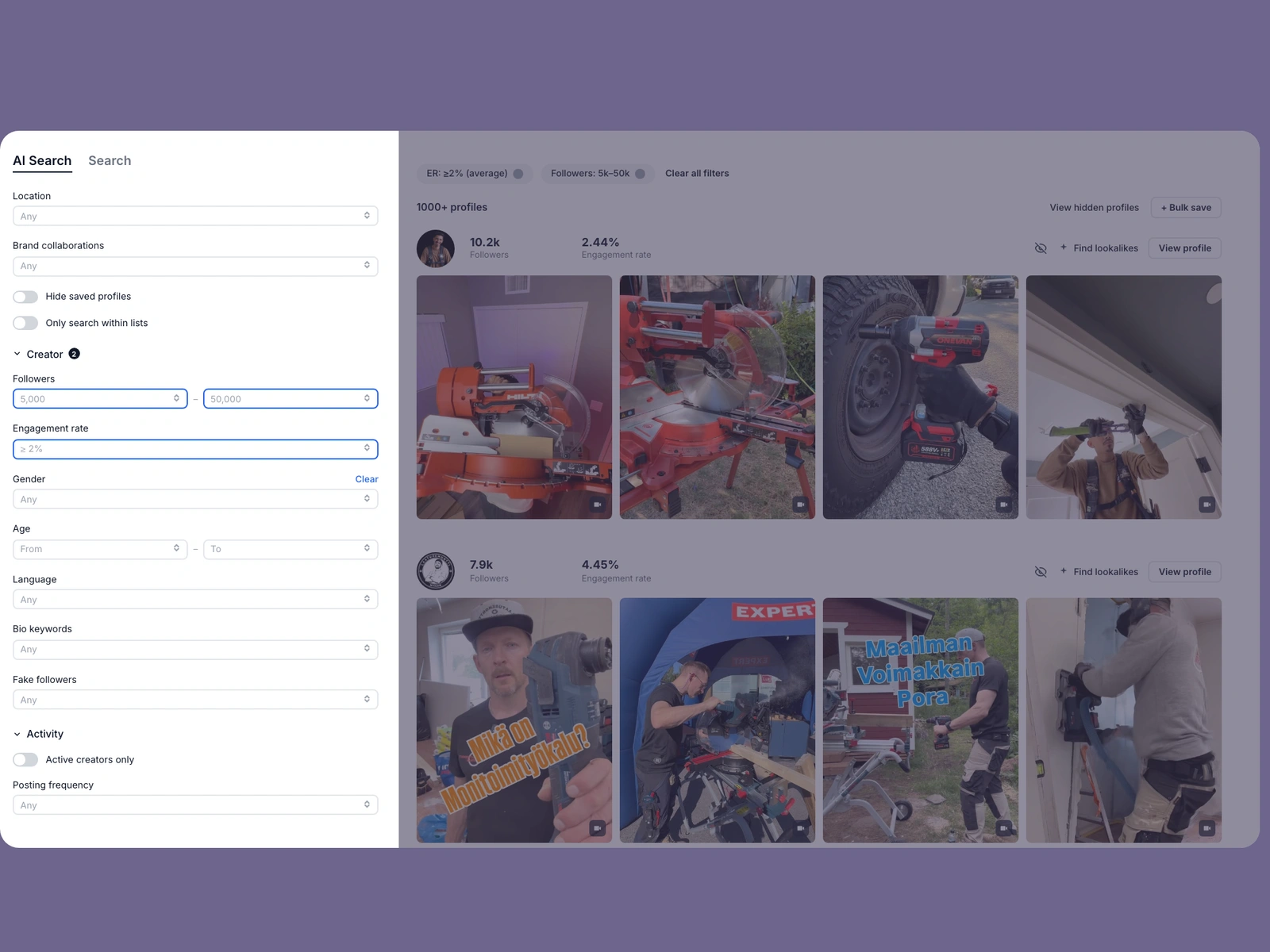 Modash filters narrowing construction creators