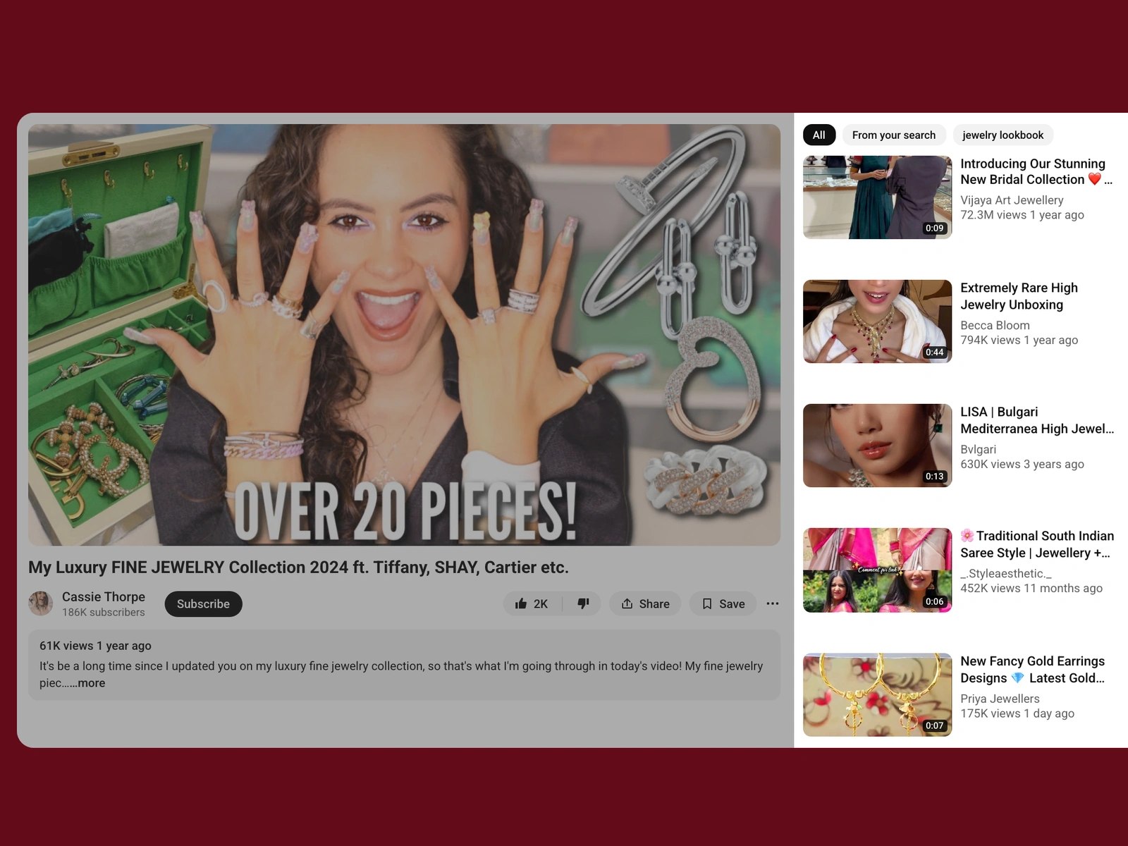 YouTube recommended videos beside a jewelry video