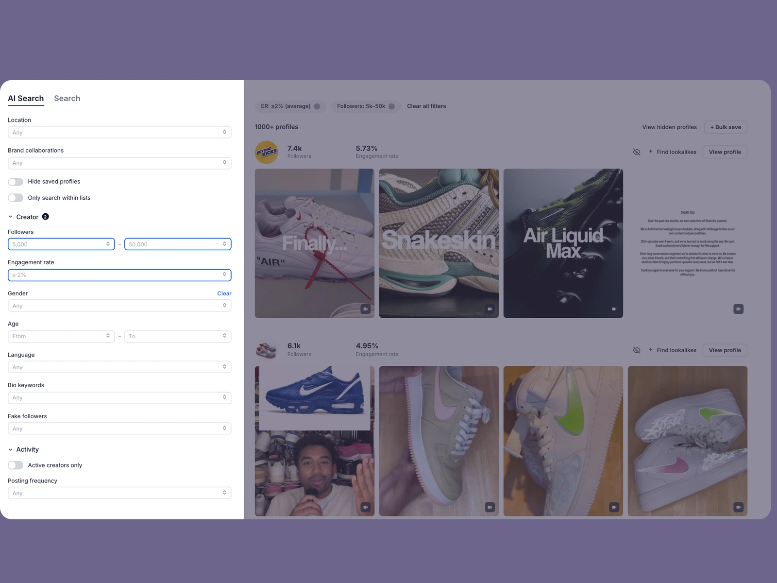 Modash filters narrowing sneakers creators