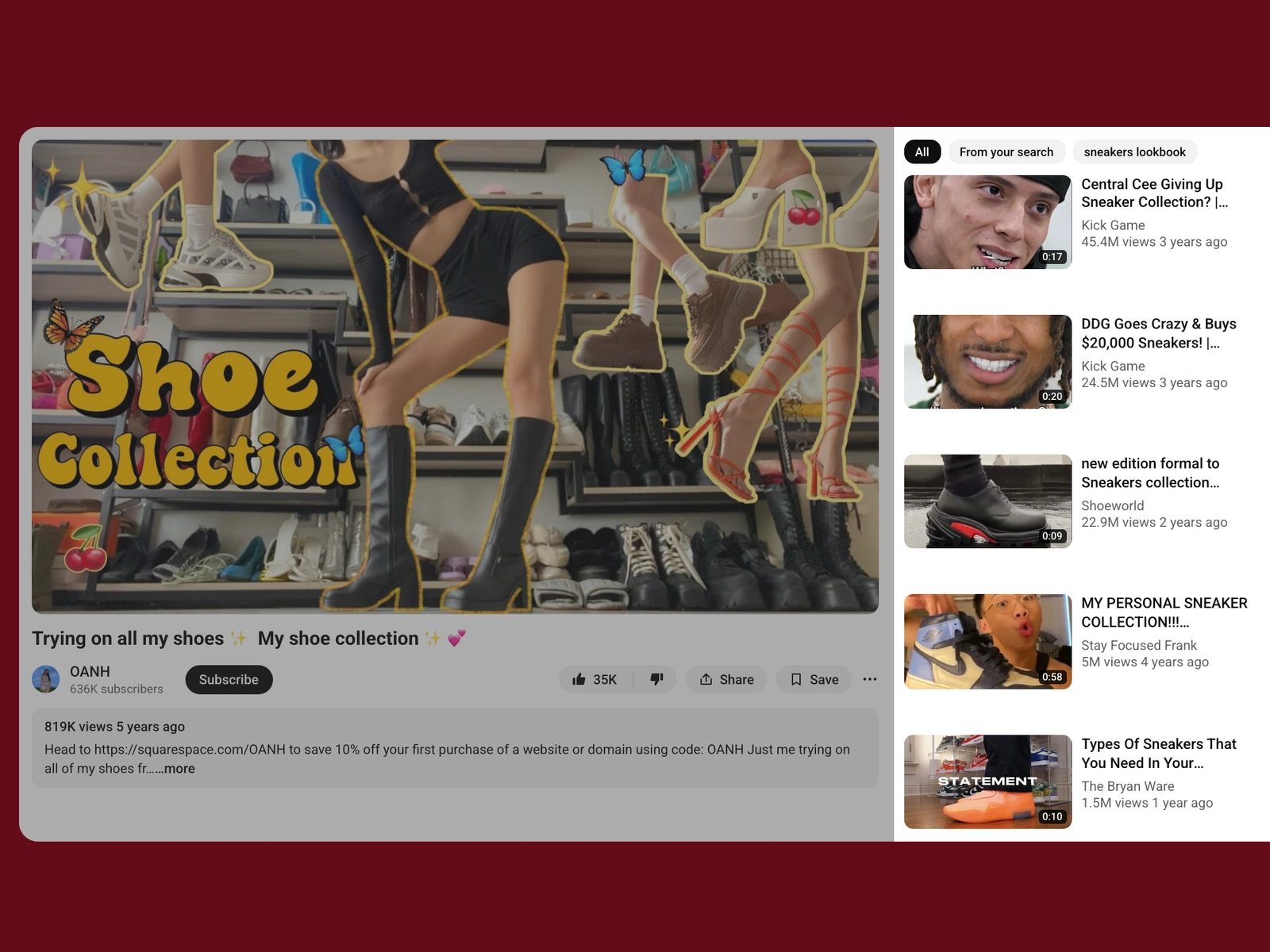 YouTube recommended videos beside a sneakers video
