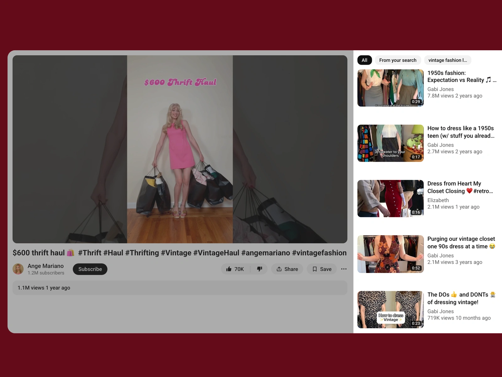 YouTube recommended videos beside a vintage fashion video