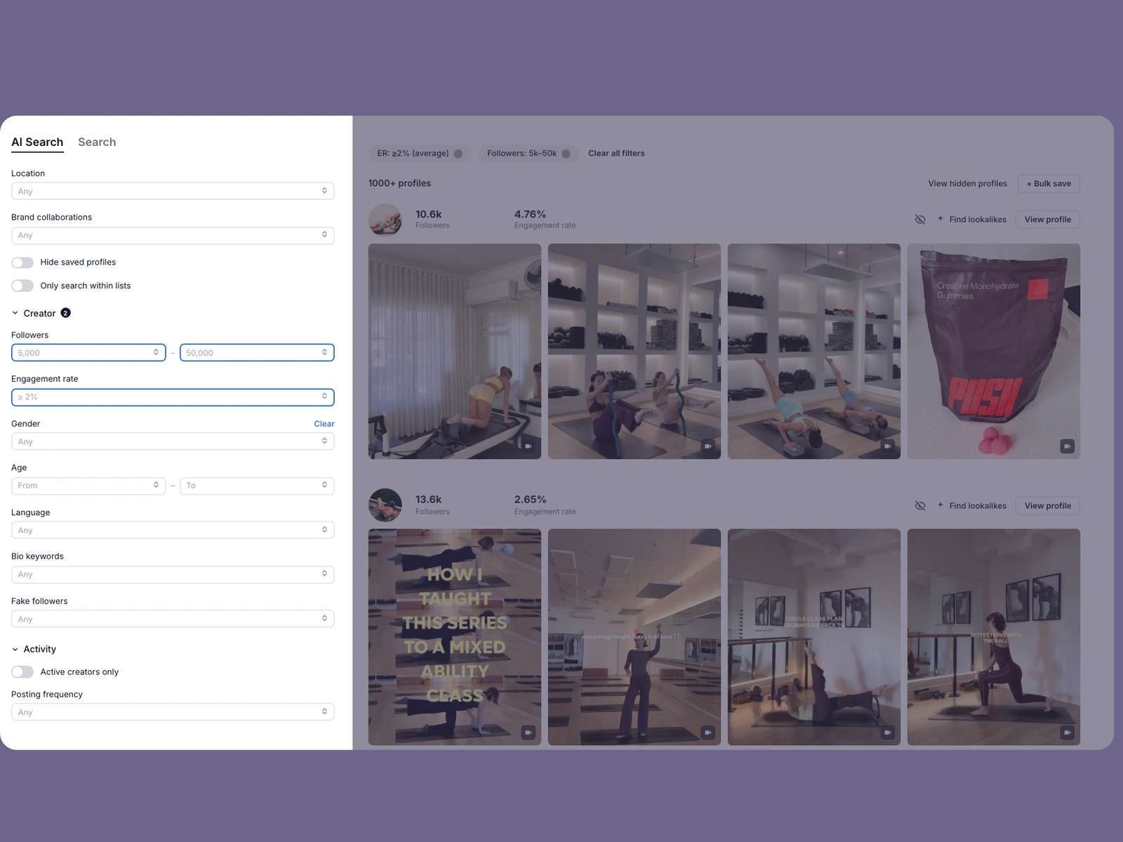 Modash filters narrowing pilates creators