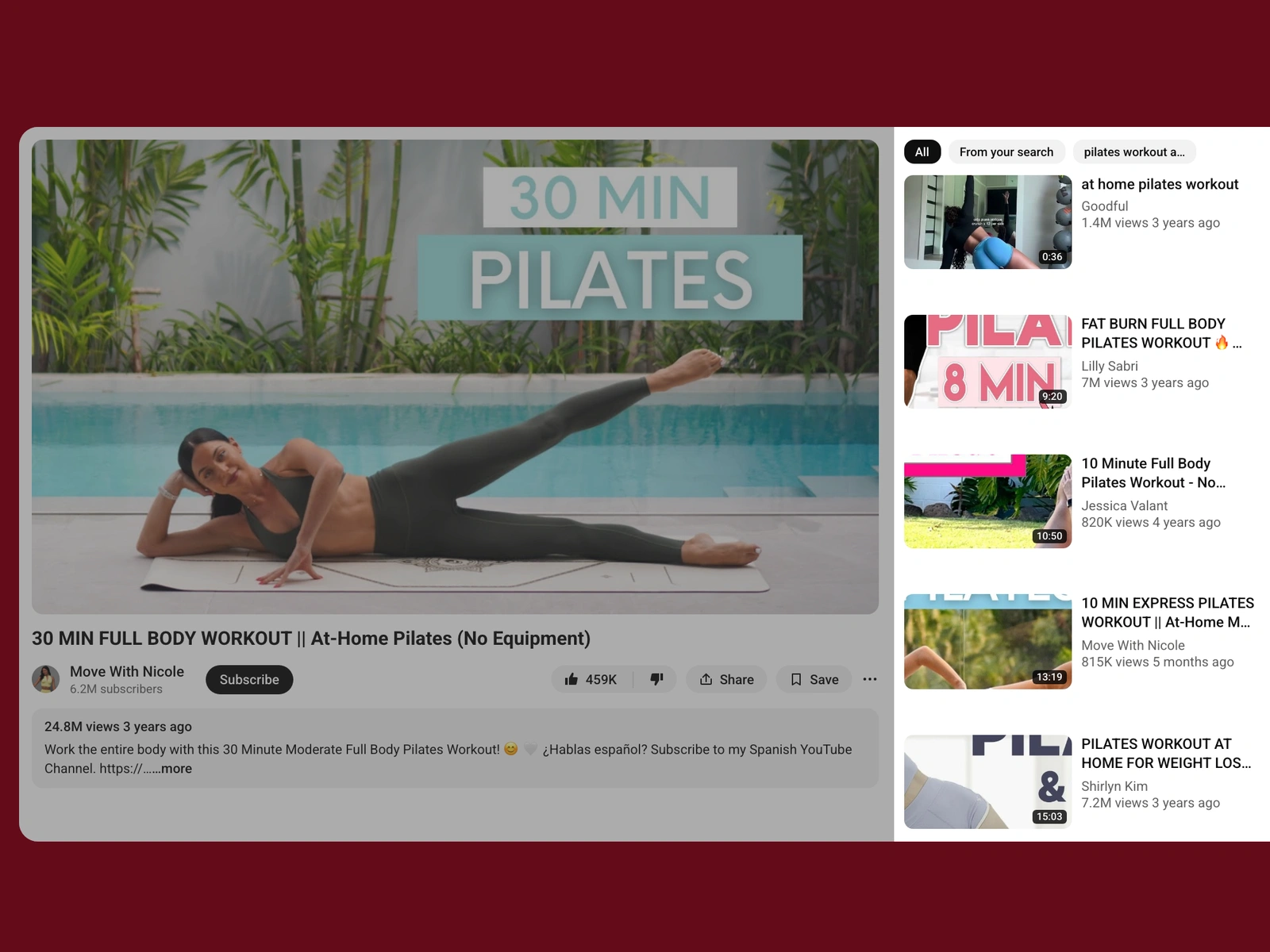 YouTube recommended videos beside a pilates video