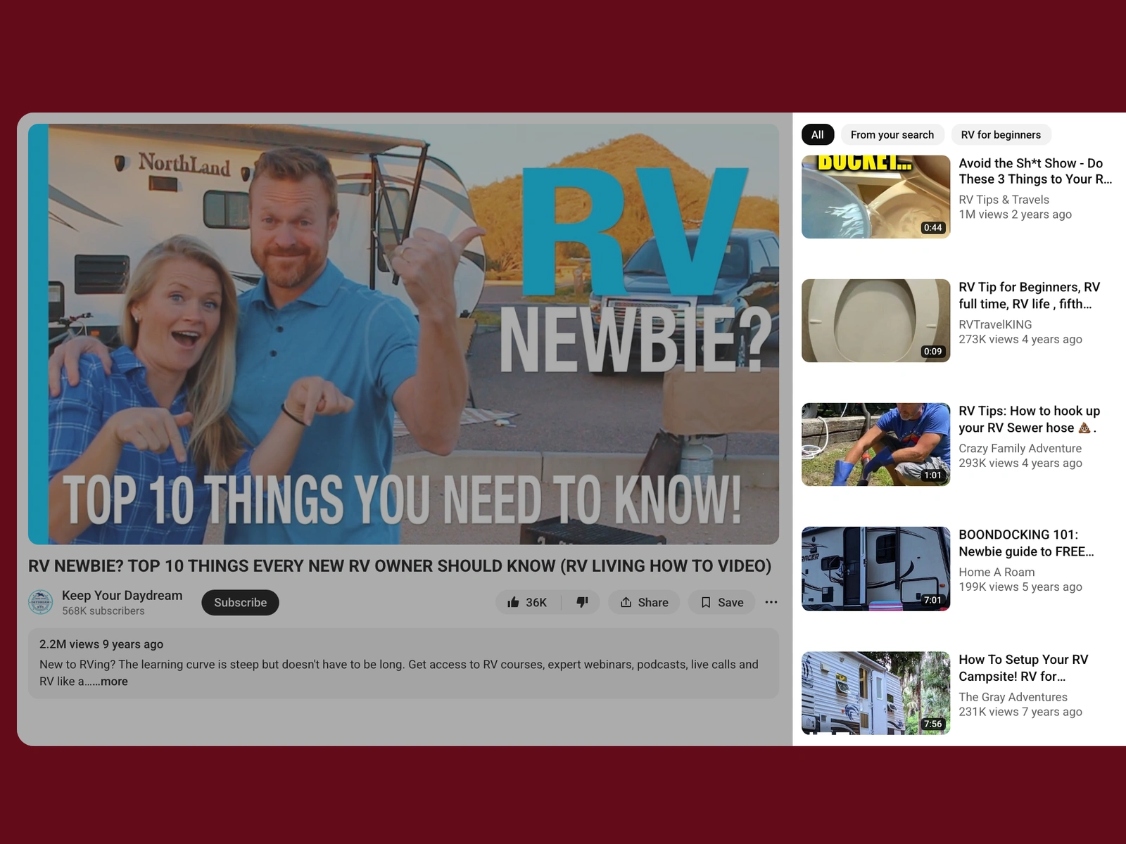 YouTube recommended videos beside a rv video