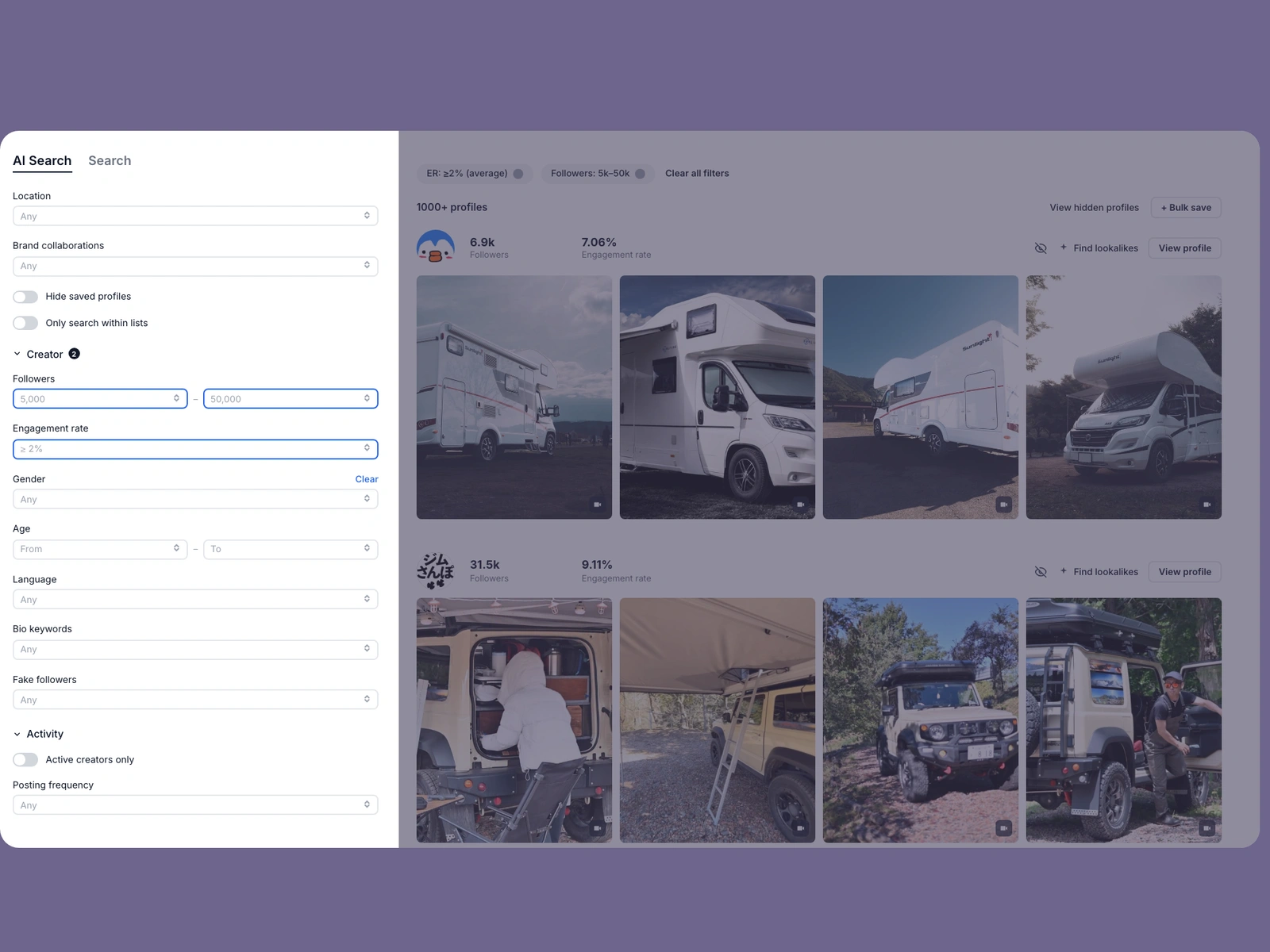 Modash filters narrowing rv creators
