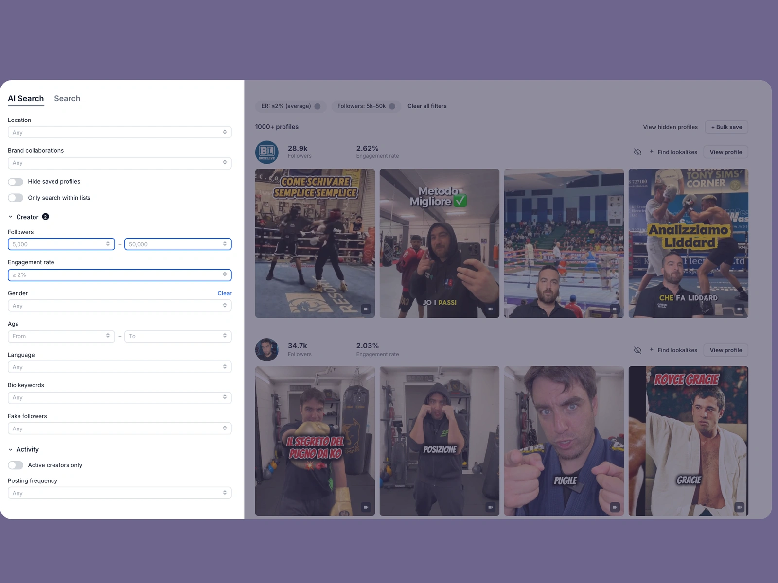 Modash filters narrowing boxing creators
