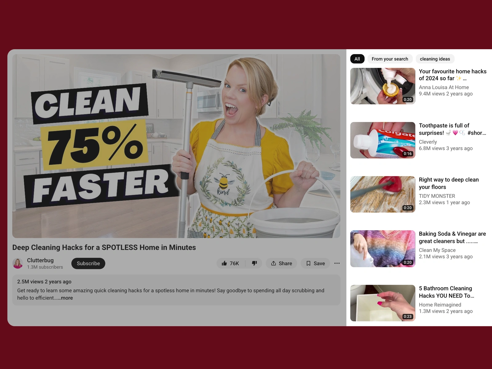 YouTube recommended videos beside a cleaning video