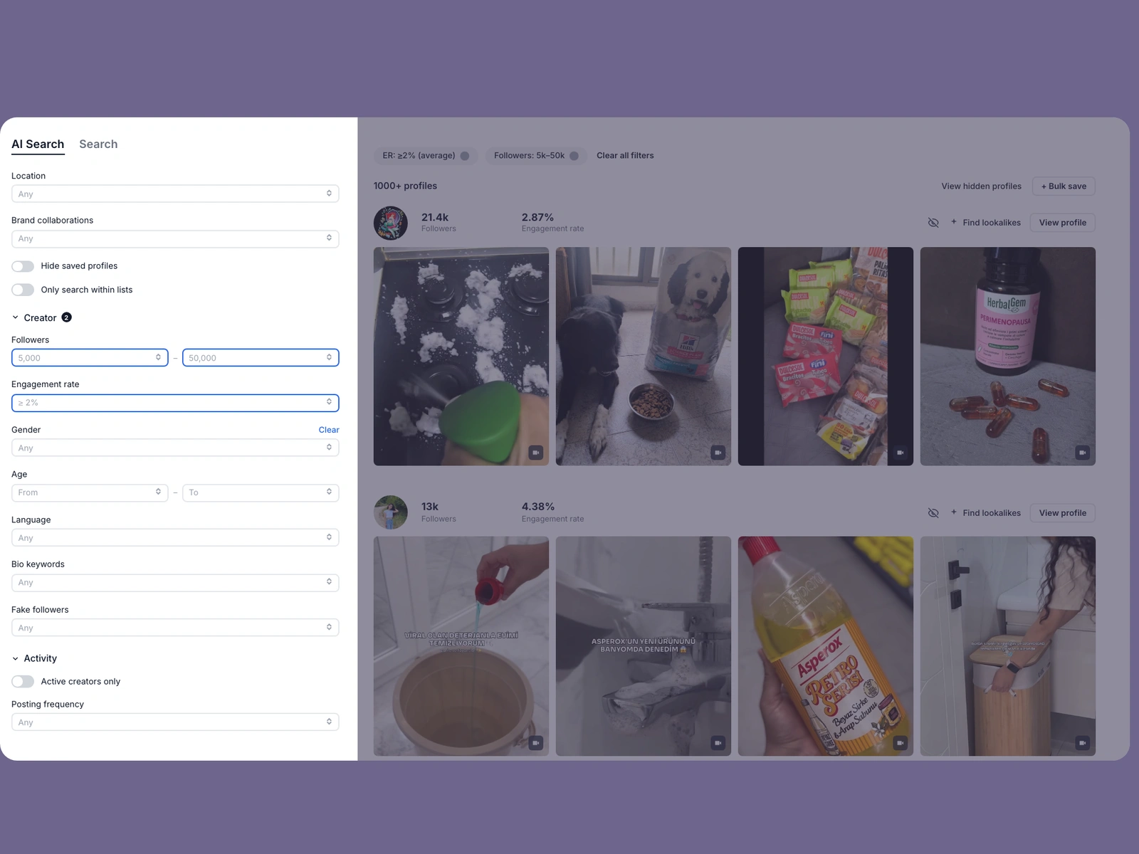 Modash filters narrowing cleaning creators