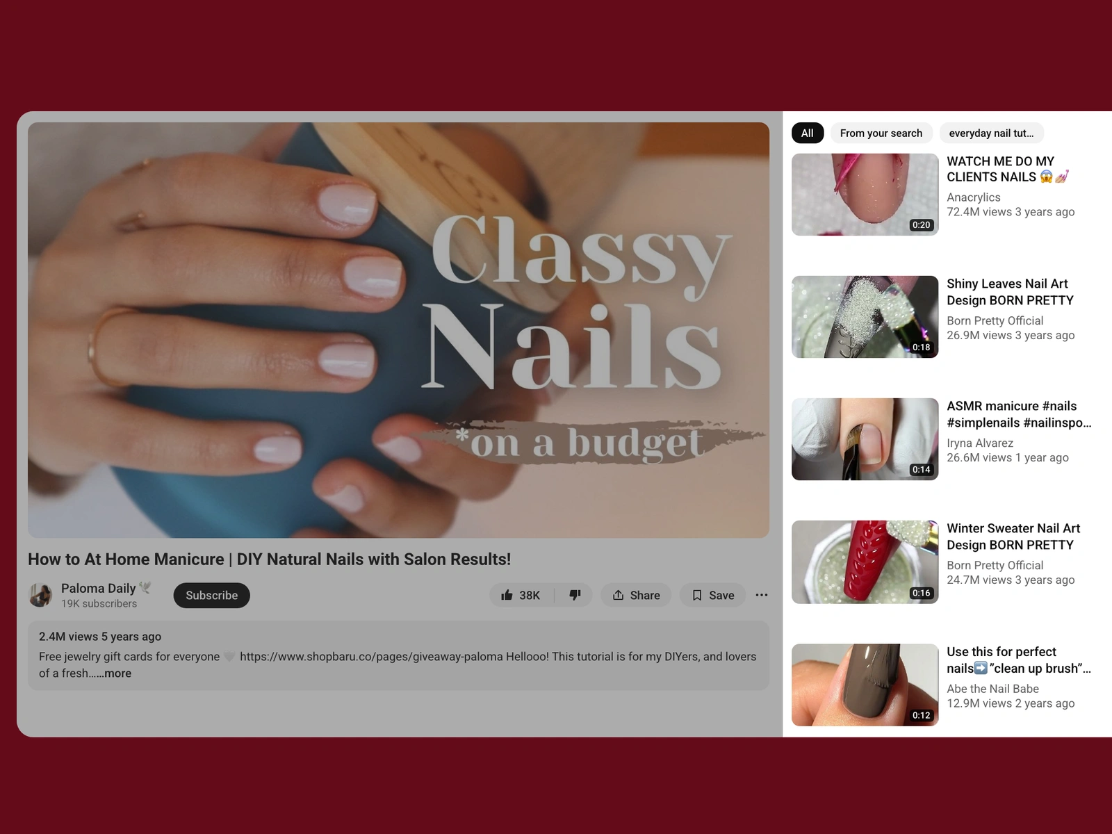 YouTube recommended videos beside a nail video