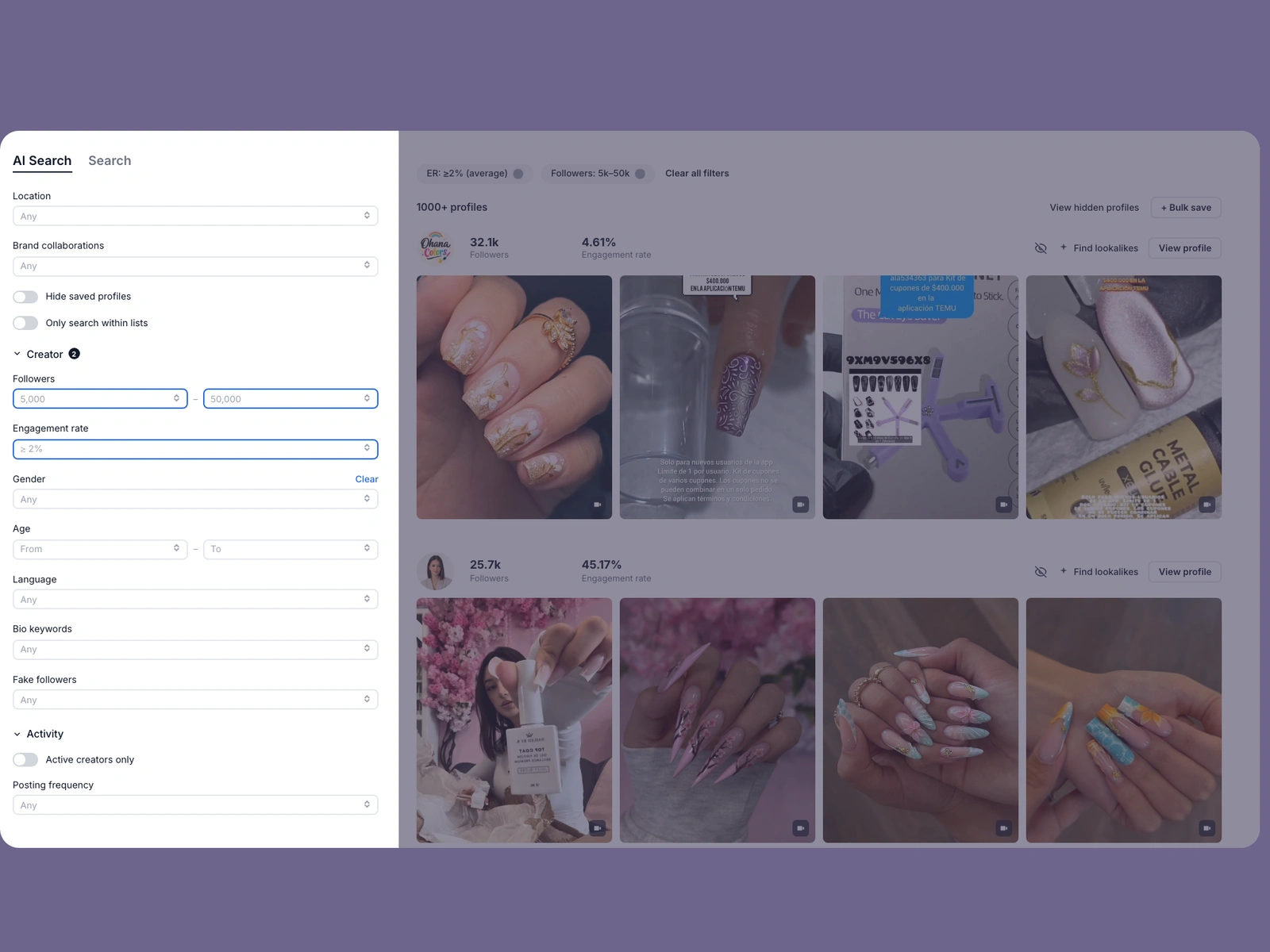 Modash filters narrowing nail creators