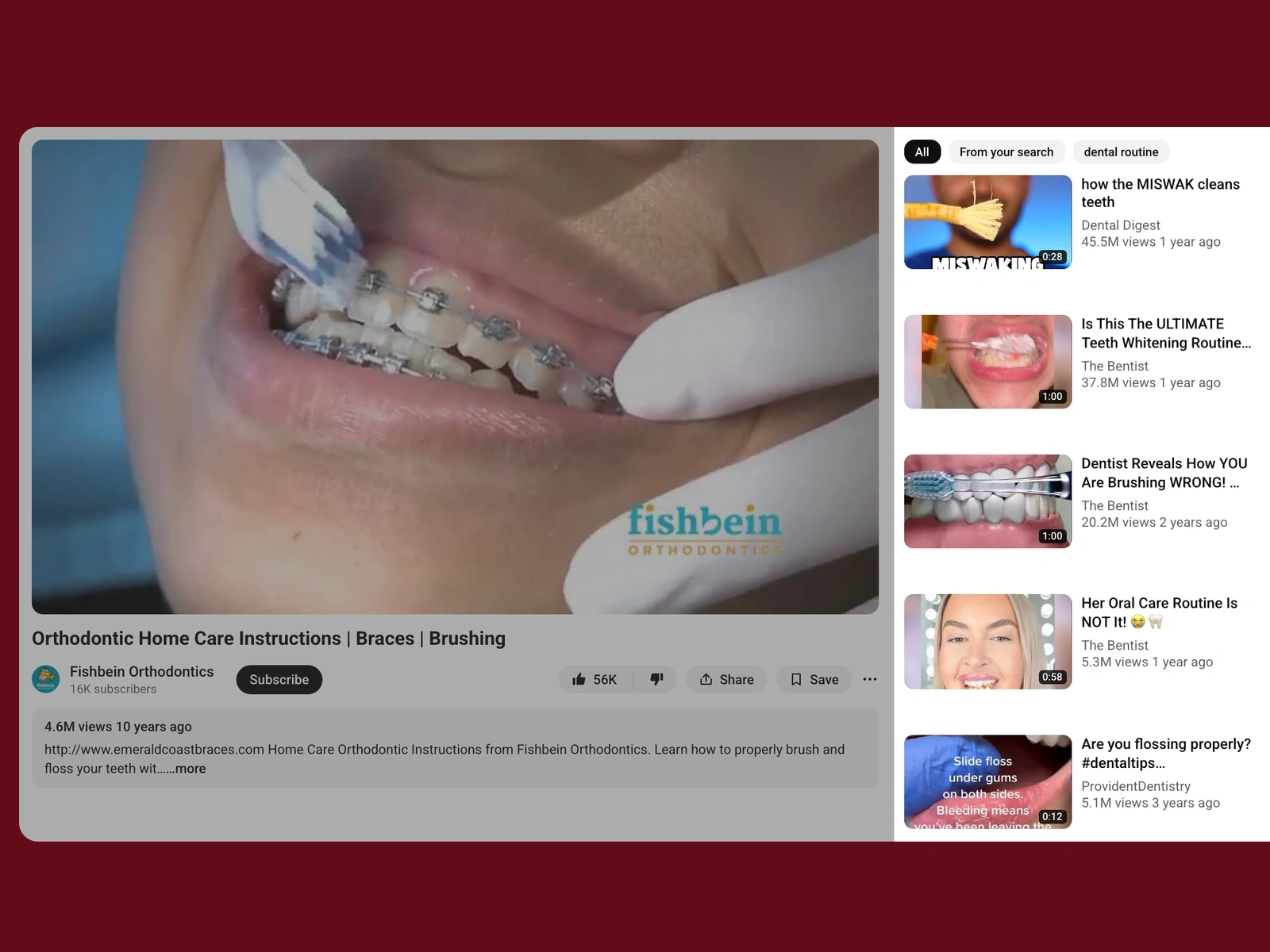 YouTube recommended videos beside a dental video