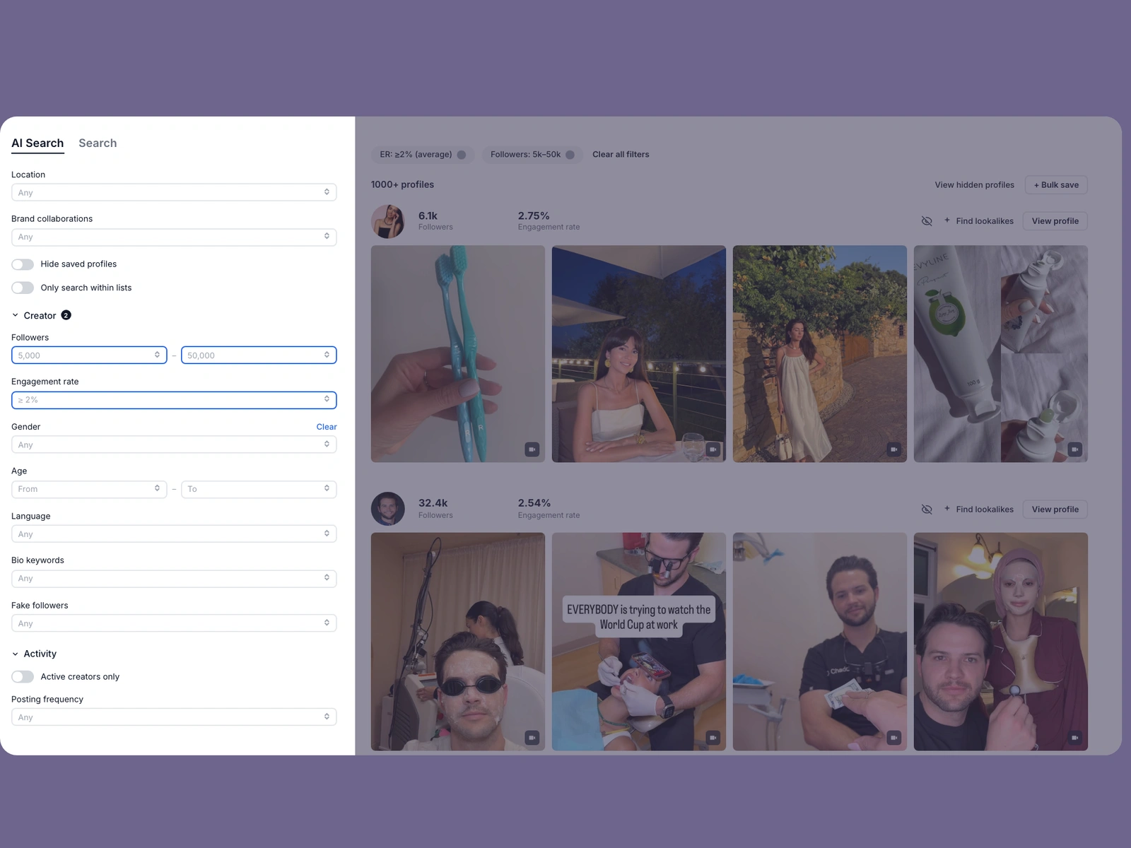 Modash filters narrowing dental creators