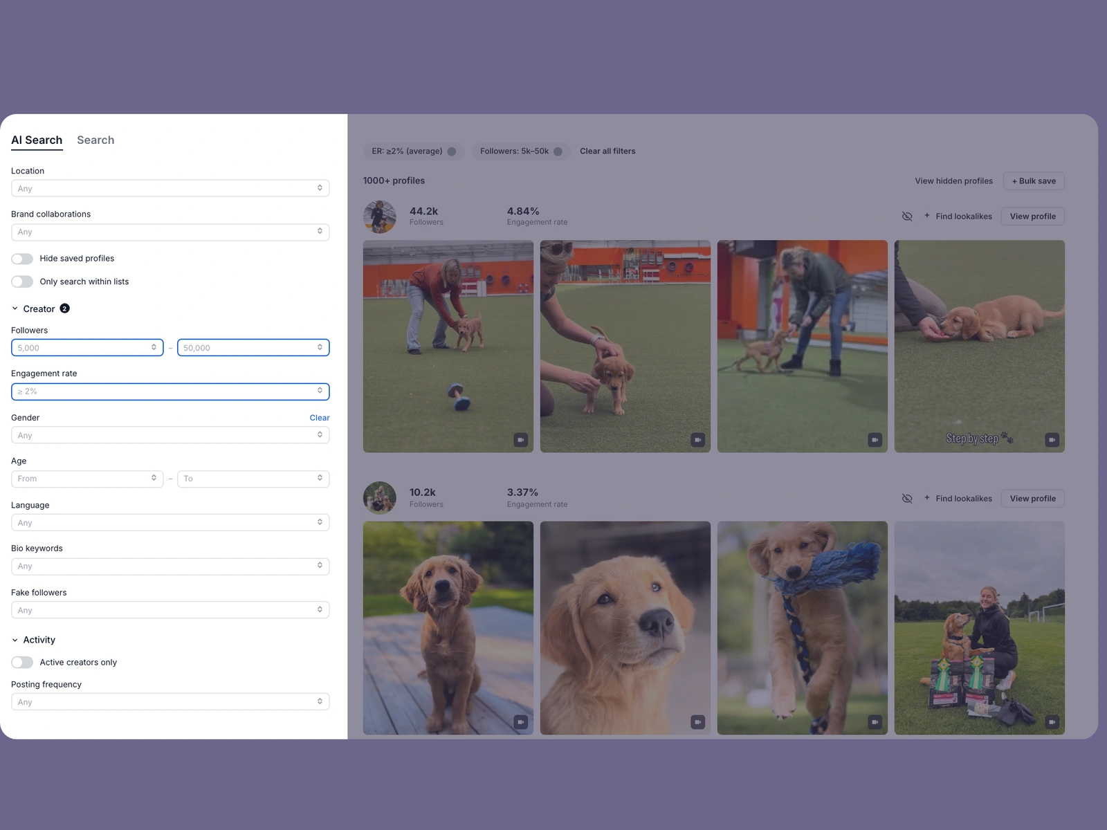 Modash filters narrowing dog creators