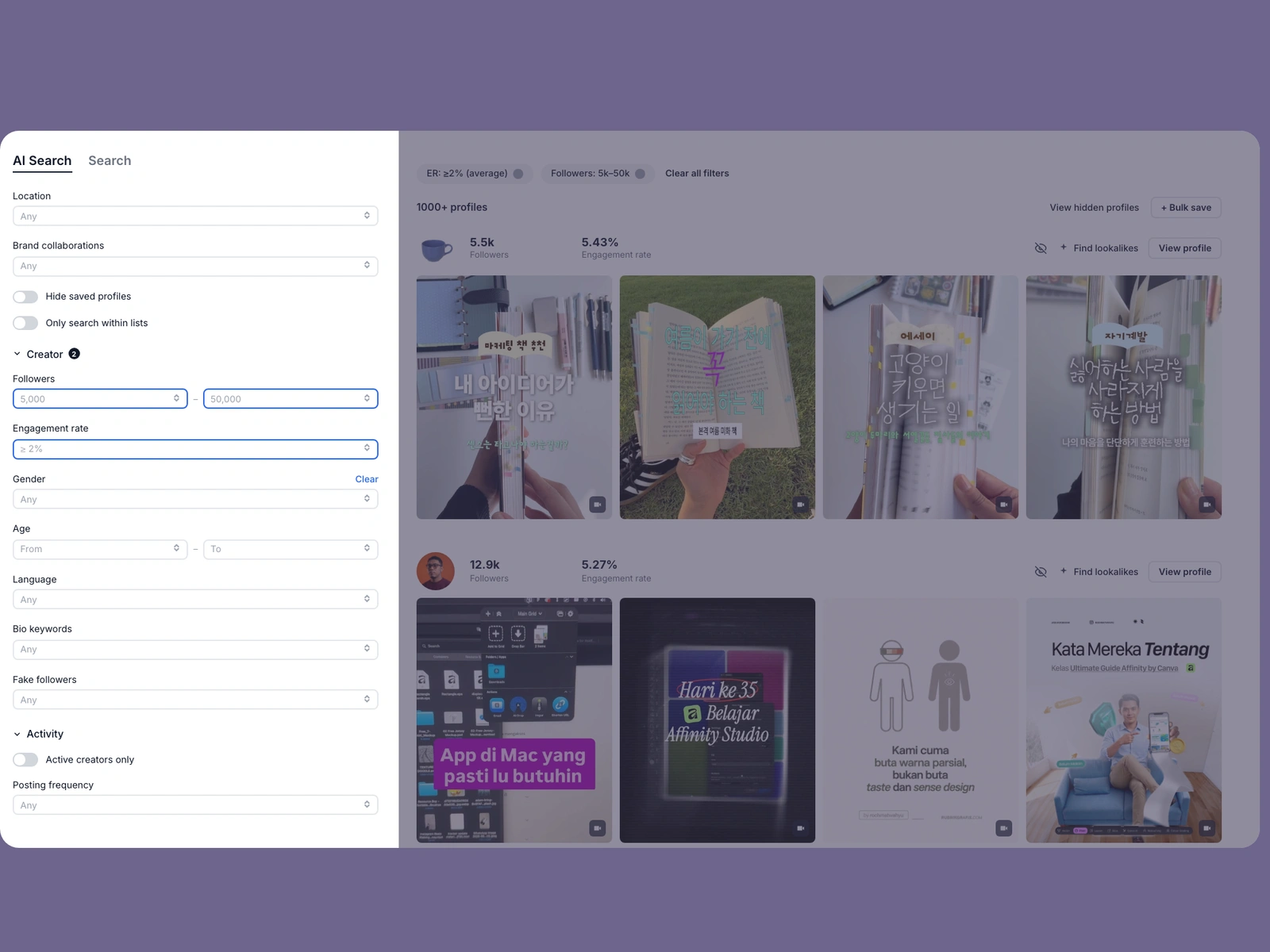 Modash filters narrowing productivity creators