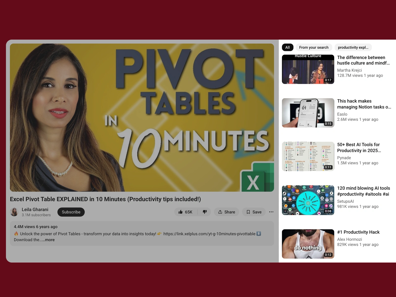 YouTube recommended videos beside a productivity video
