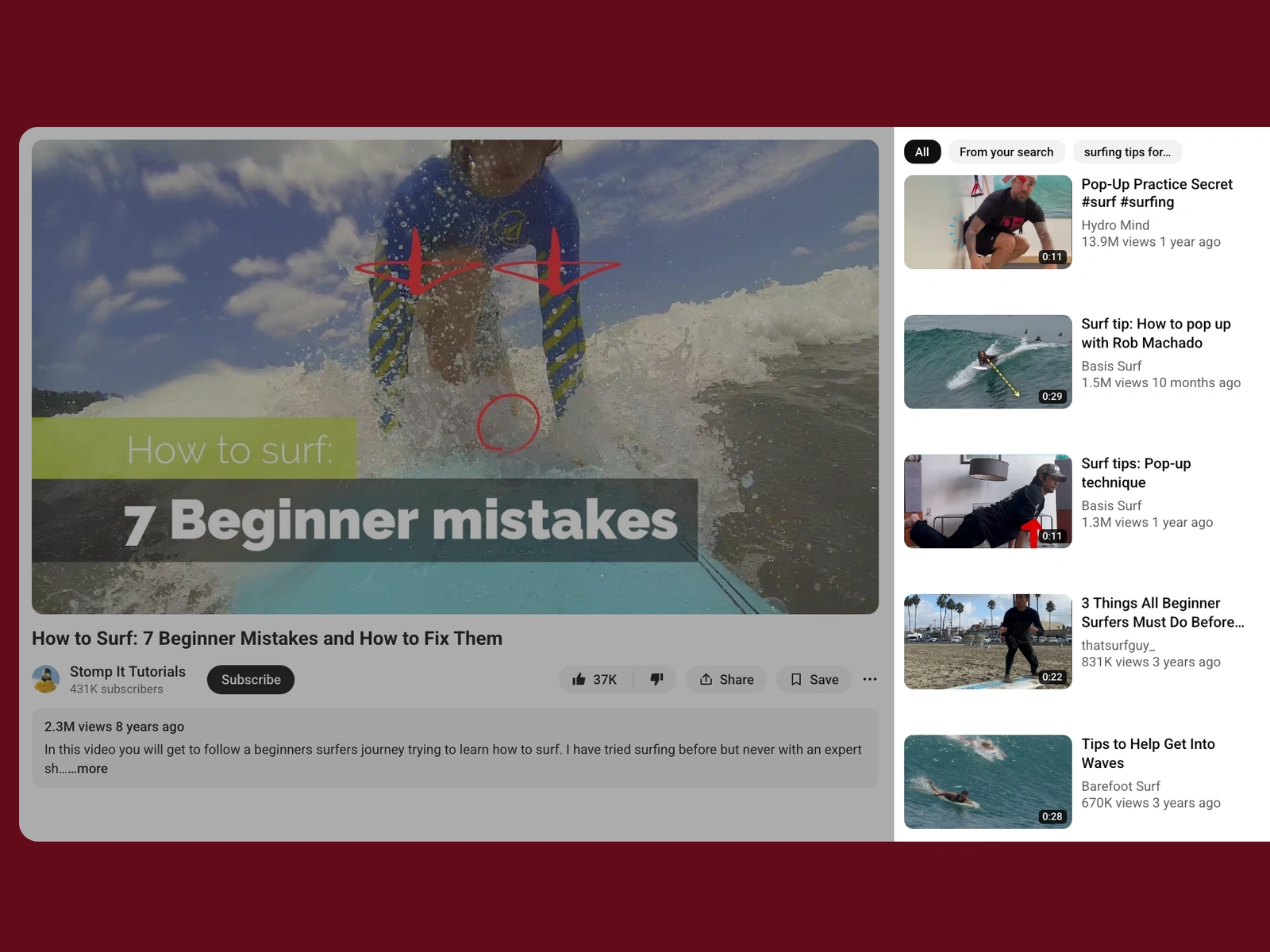 YouTube recommended videos beside a surfing video