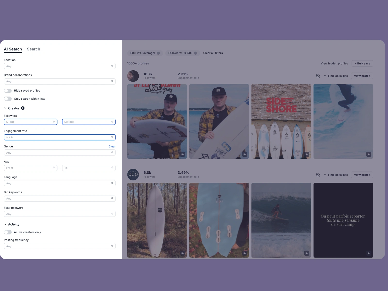 Modash filters narrowing surfing creators