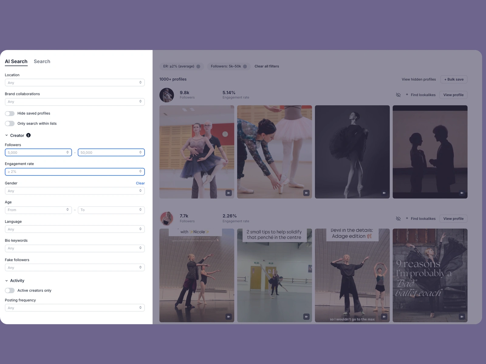 Modash filters narrowing ballet creators
