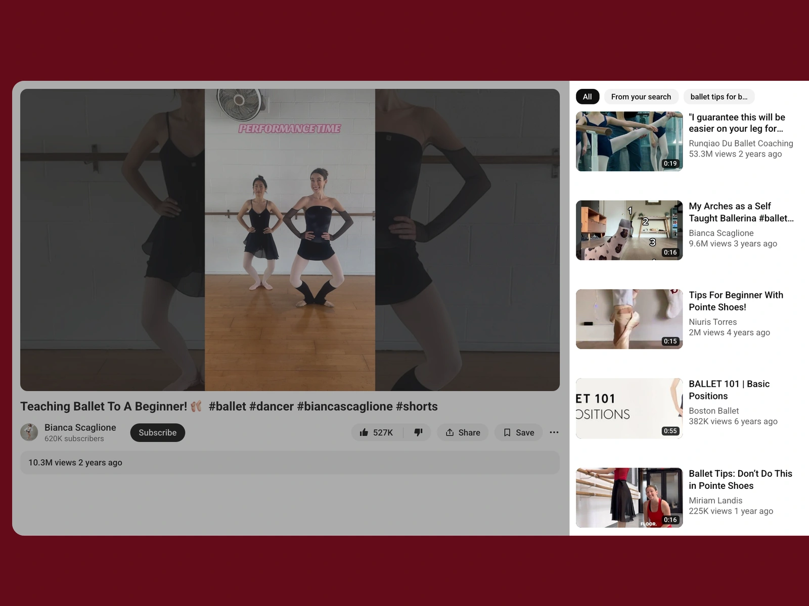 YouTube recommended videos beside a ballet video