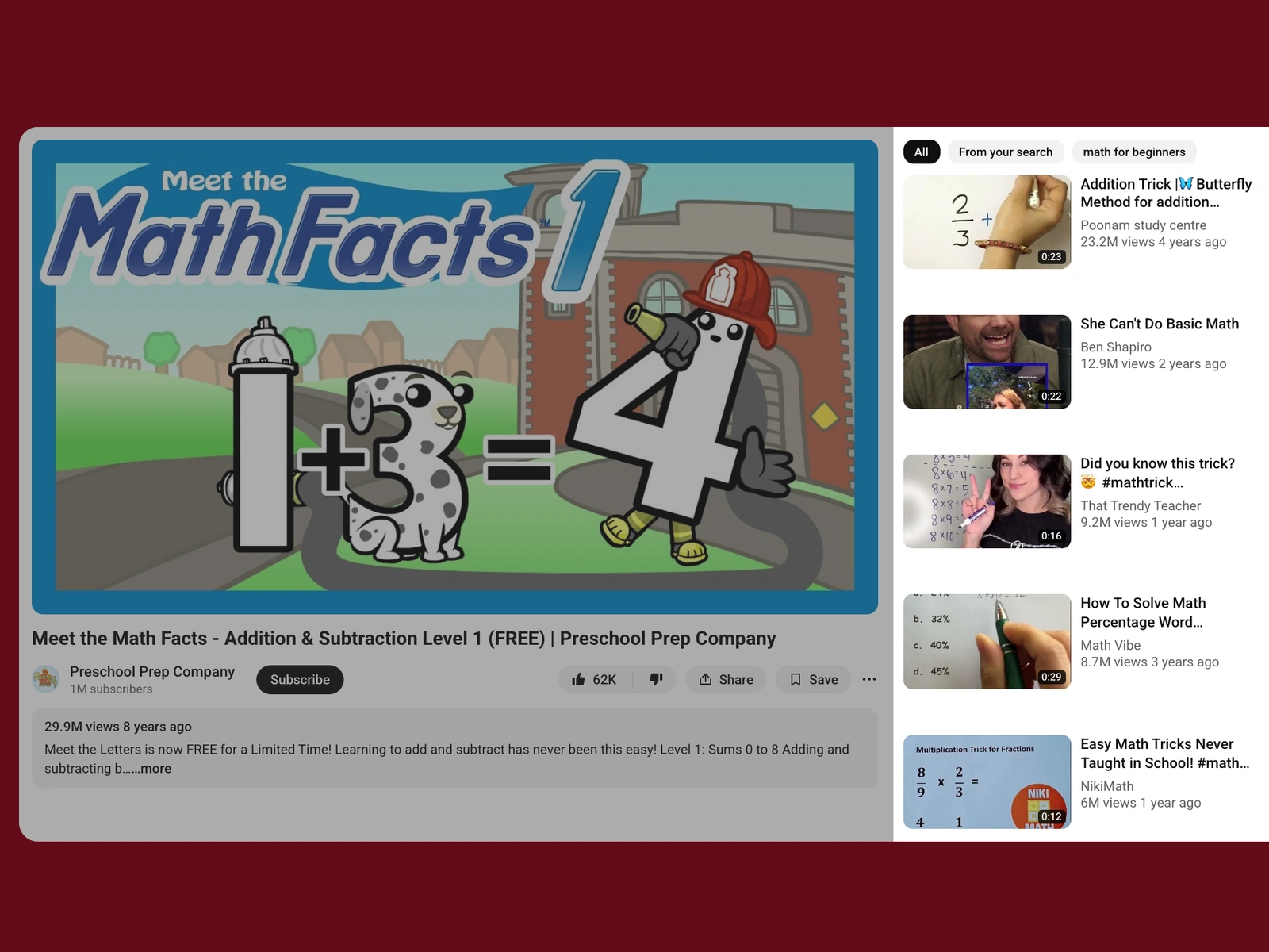 YouTube recommended videos beside a math video