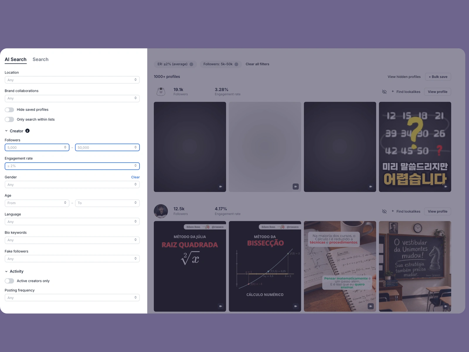 Modash filters narrowing math creators