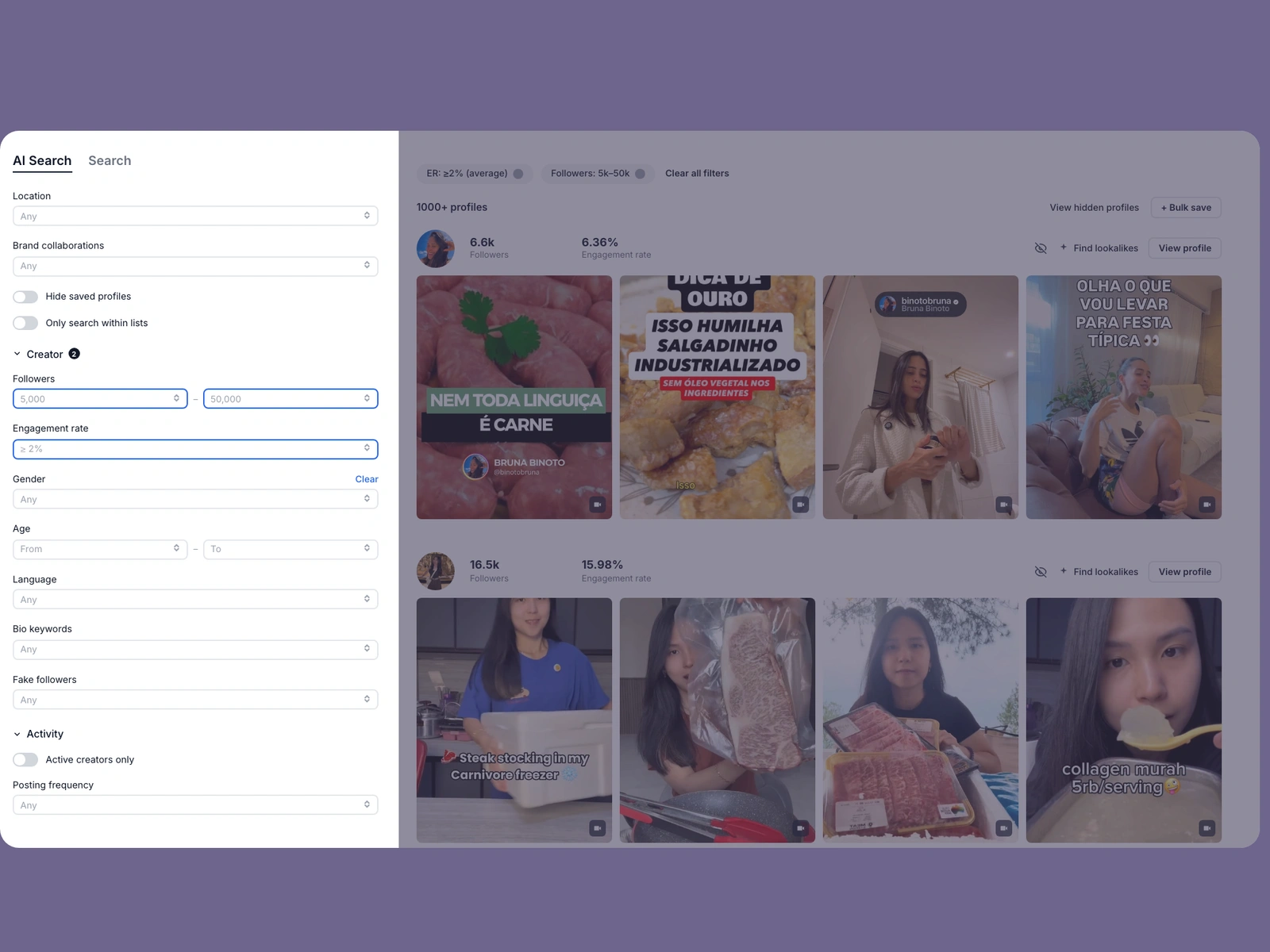 Modash filters narrowing carnivore creators