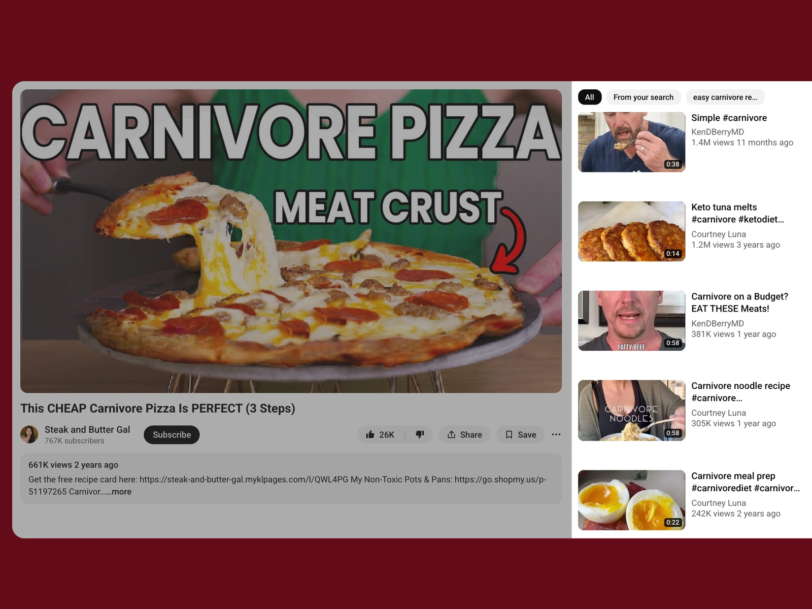 YouTube recommended videos beside a carnivore video