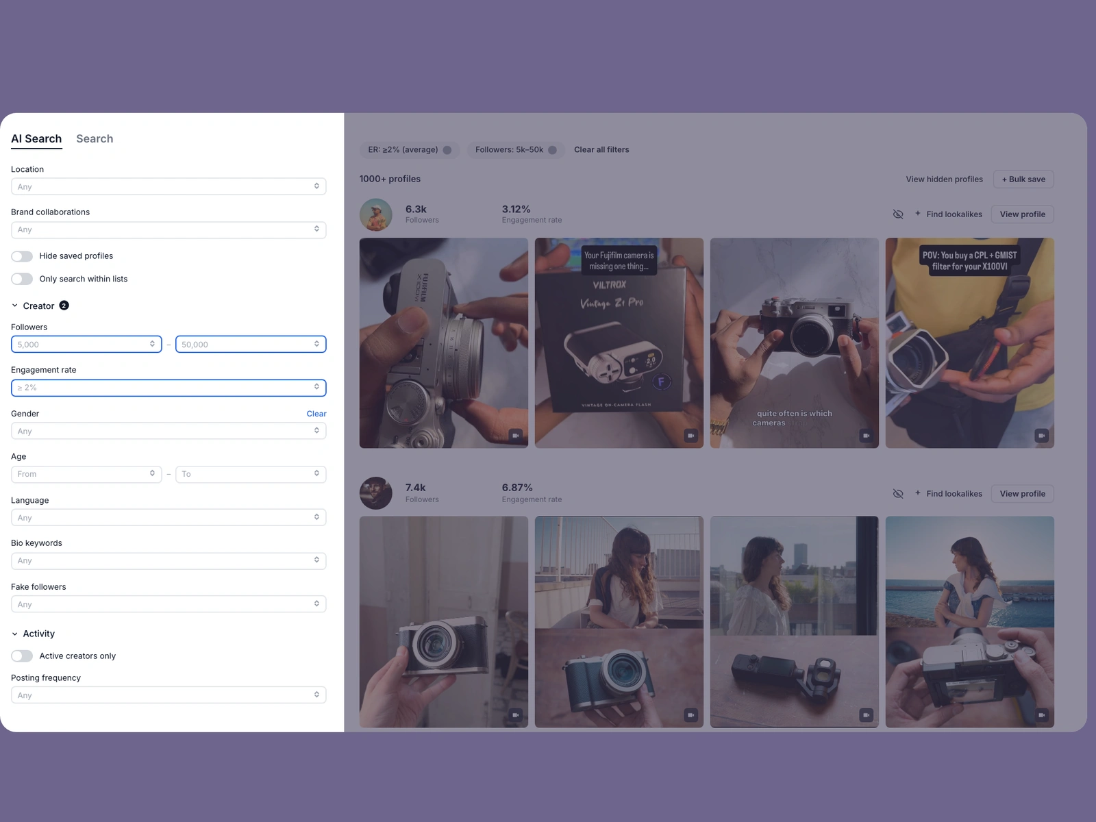 Modash filters narrowing photography creators