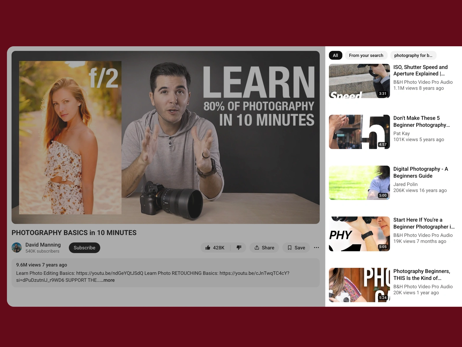 YouTube recommended videos beside a photography video
