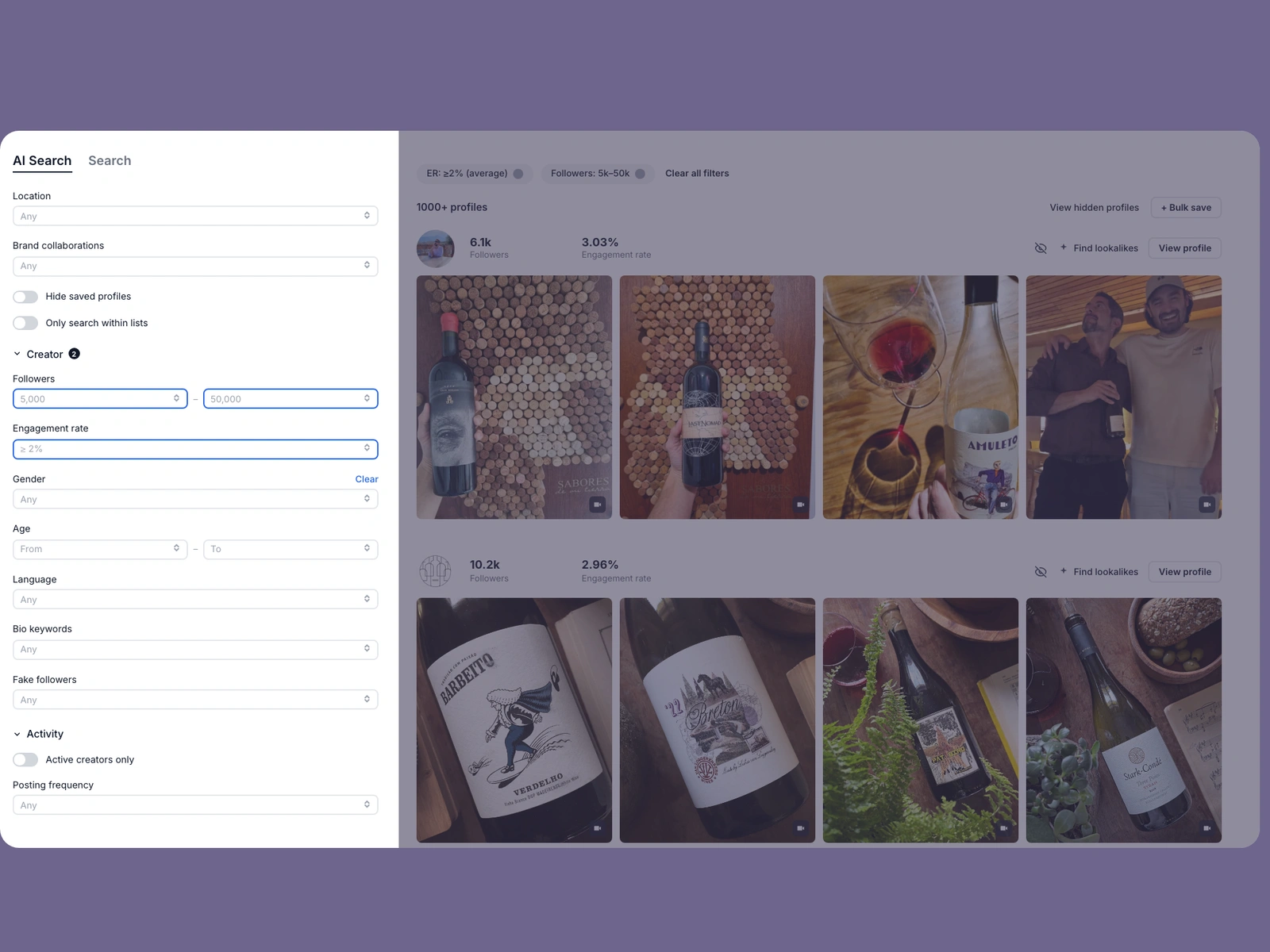 Modash filters narrowing wine creators