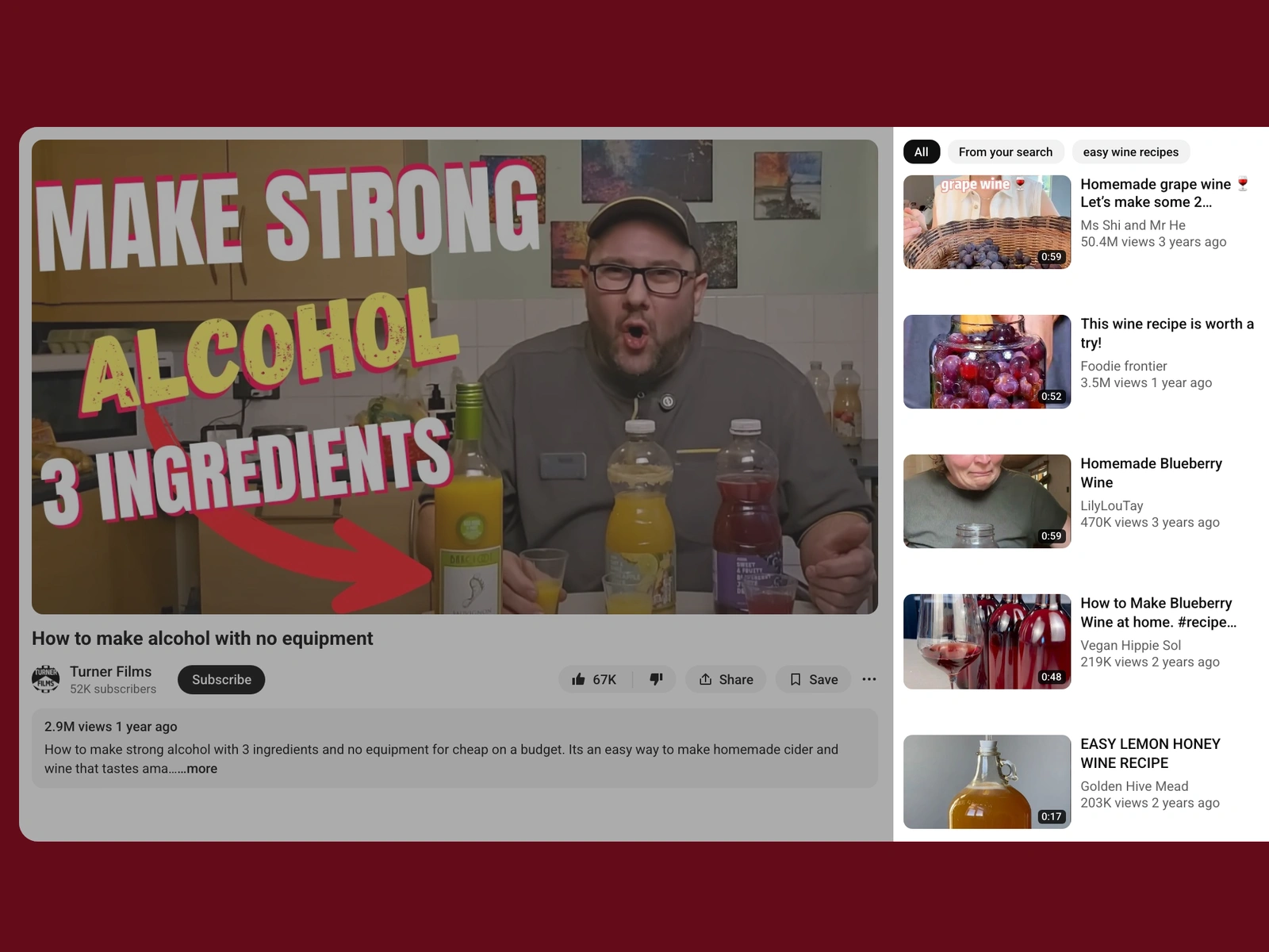 YouTube recommended videos beside a wine video