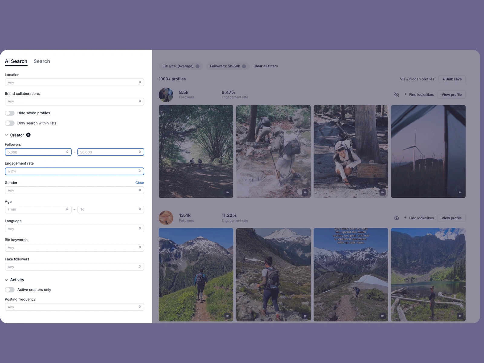 Modash filters narrowing hiking creators