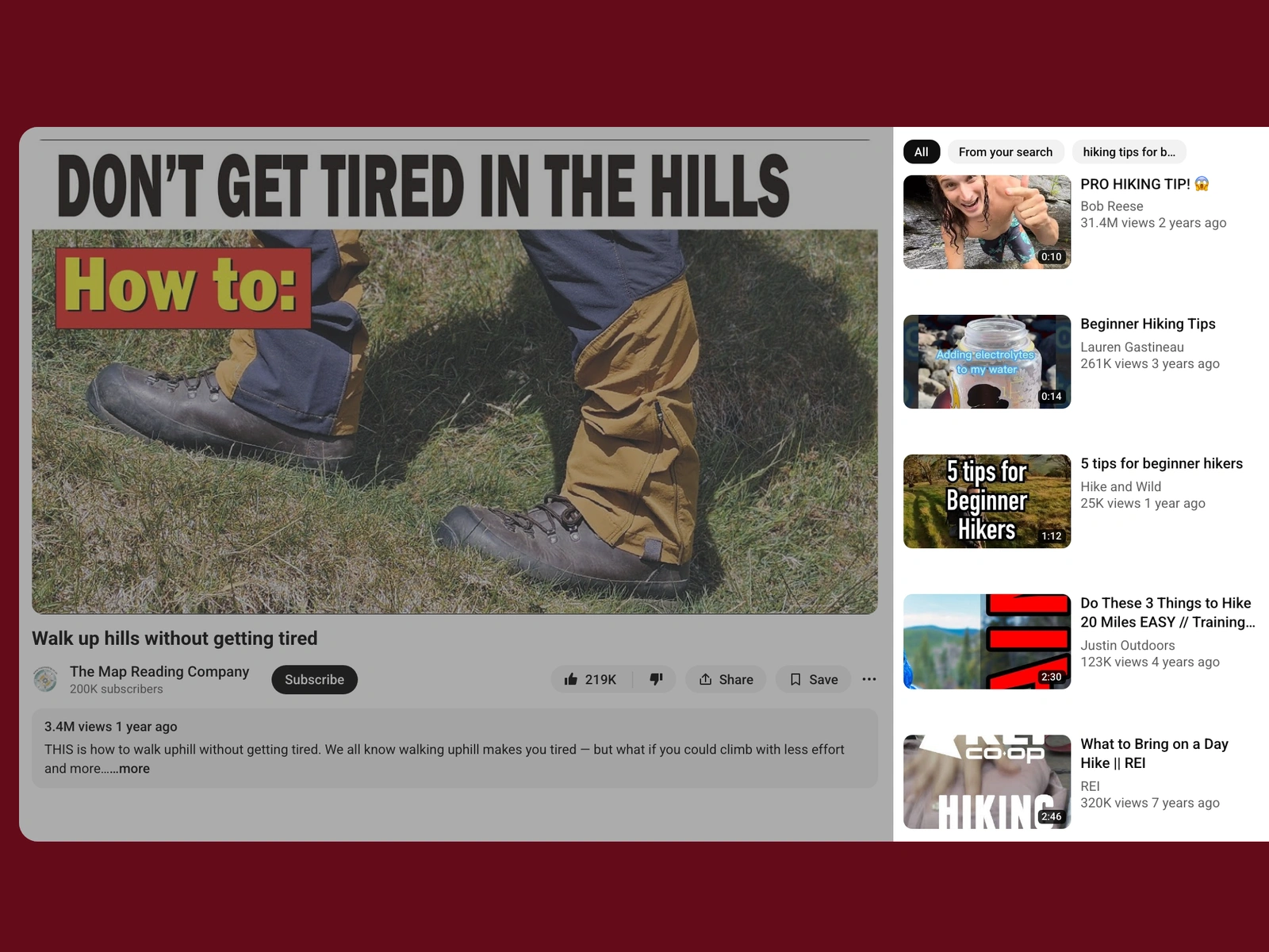 YouTube recommended videos beside a hiking video