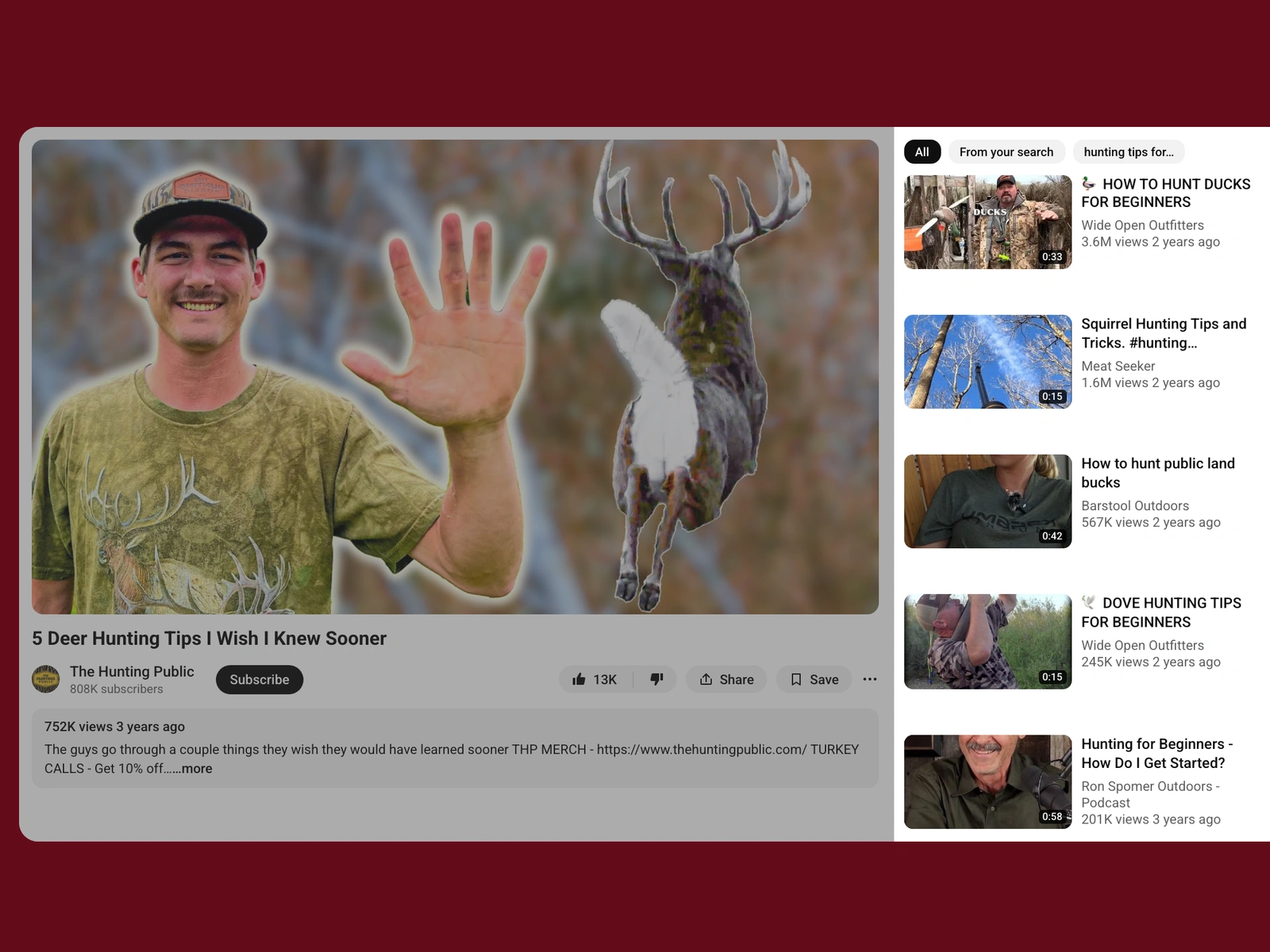 YouTube recommended videos beside a hunting video