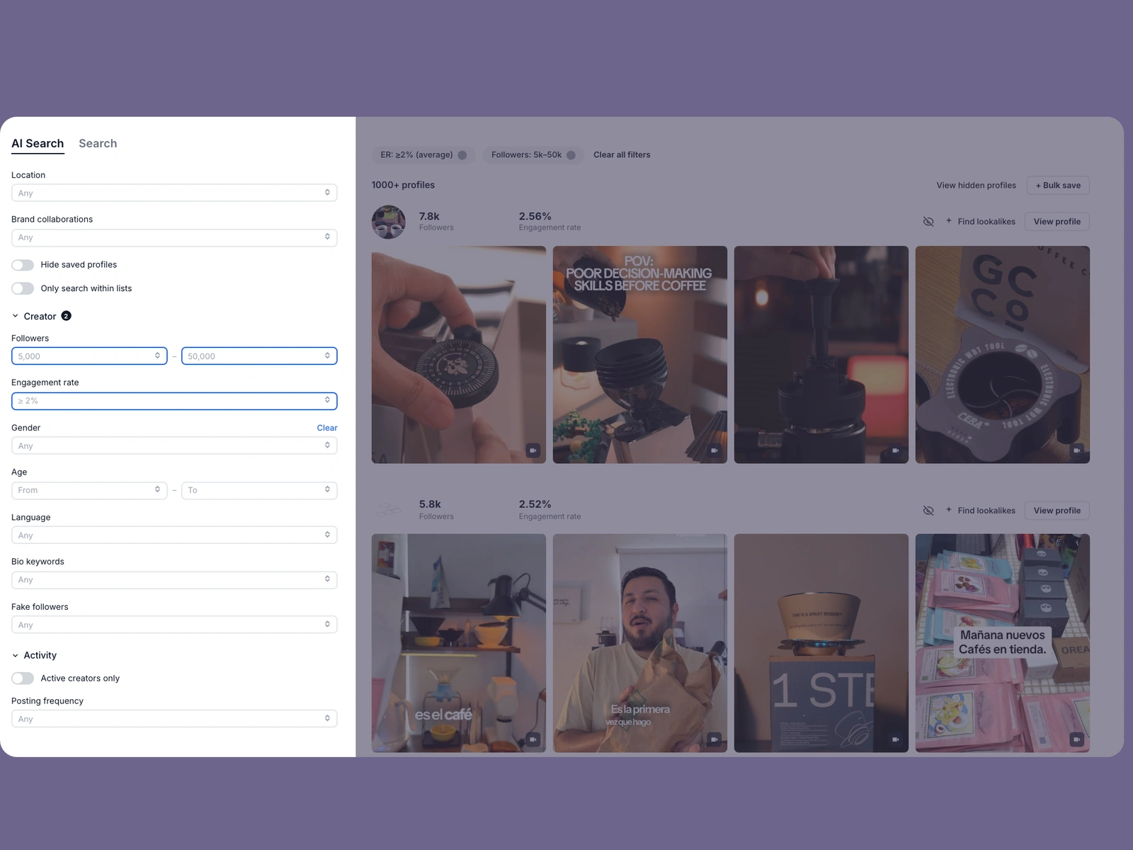 Modash filters narrowing coffee creators