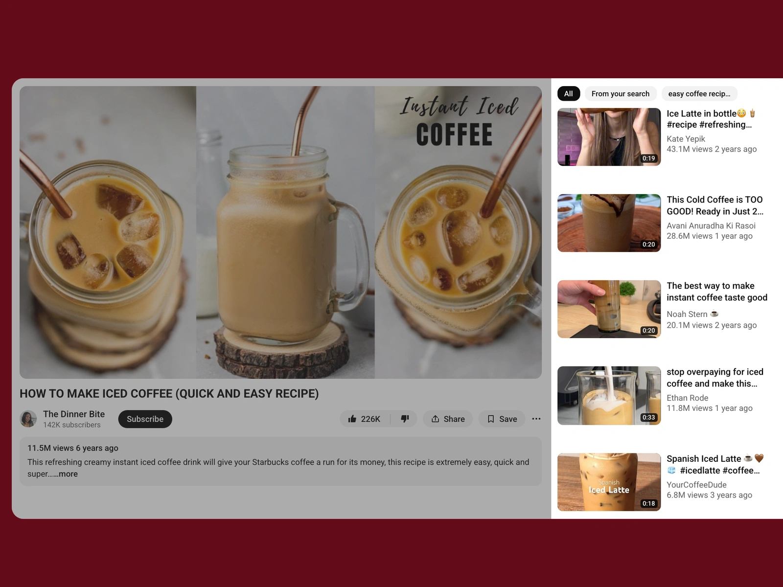 YouTube recommended videos beside a coffee video