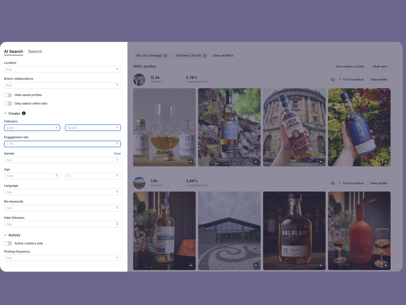 Modash filters narrowing whisky creators