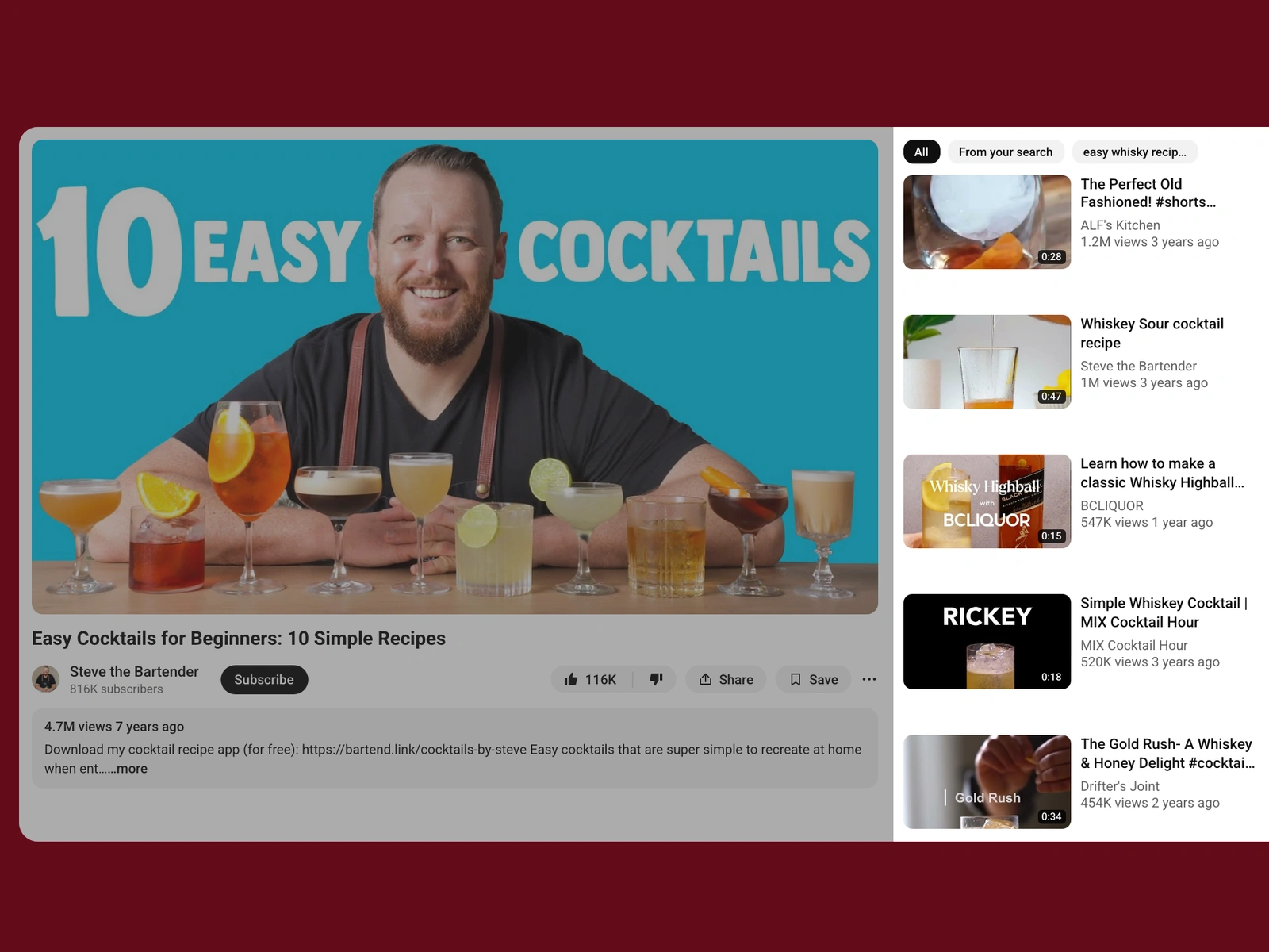 YouTube recommended videos beside a whisky video