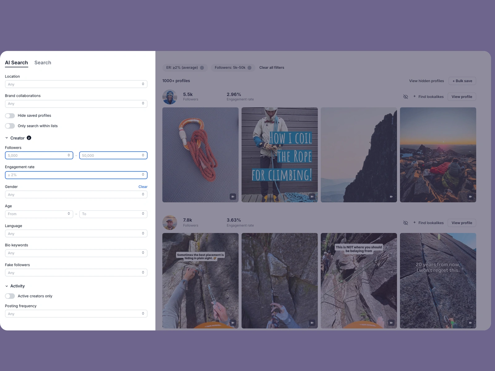 Modash filters narrowing rock climbing creators