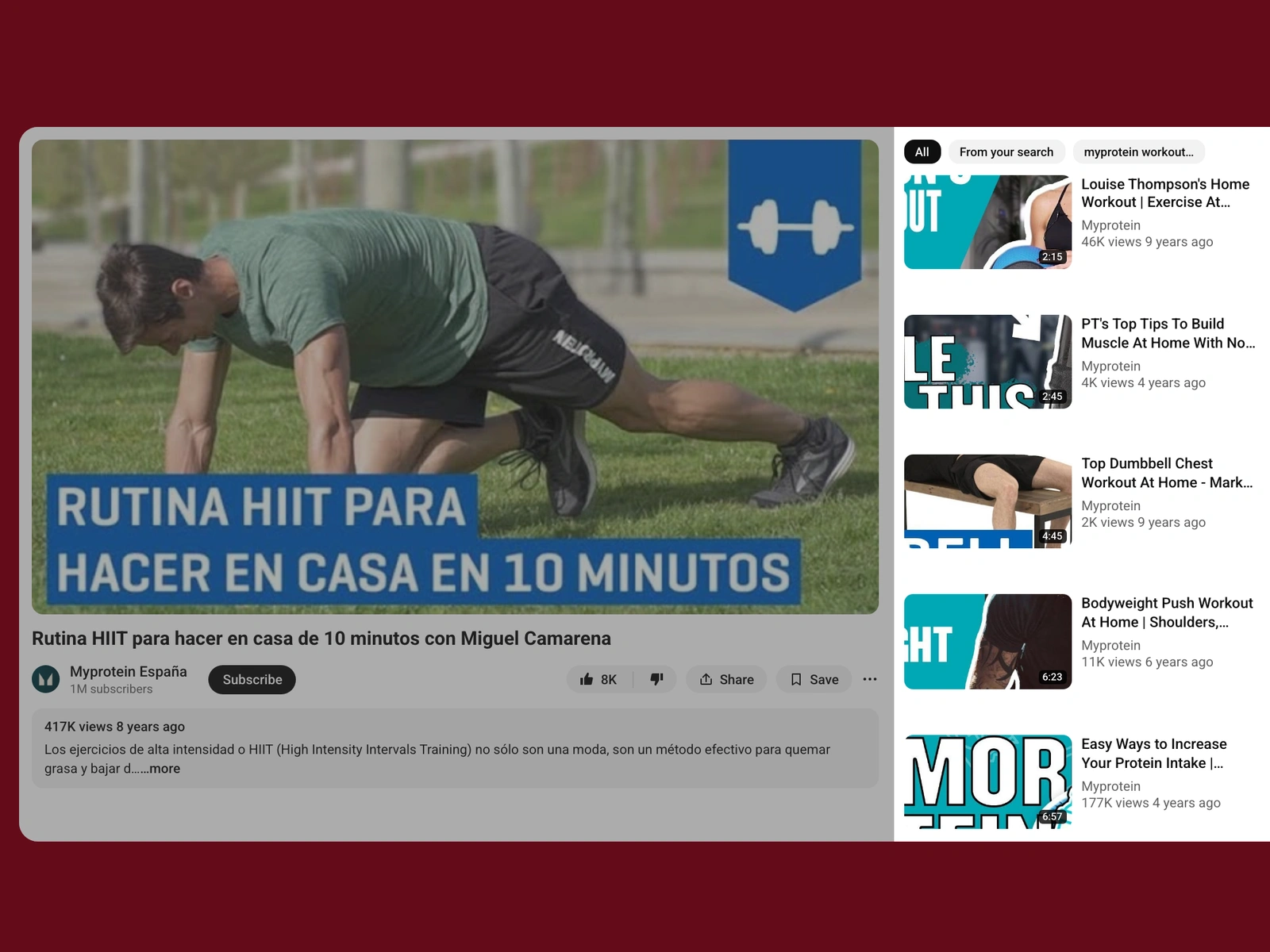 YouTube recommended videos beside a myprotein video
